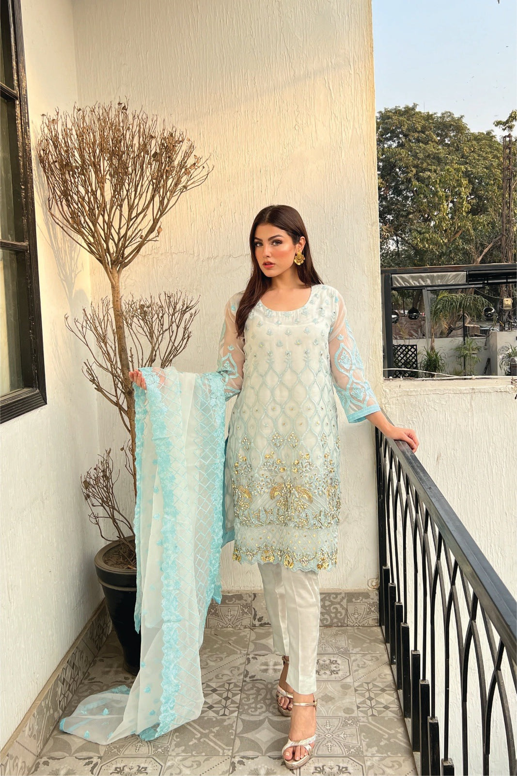 3 Piece Blue Suit Organza-Hand Embroidered