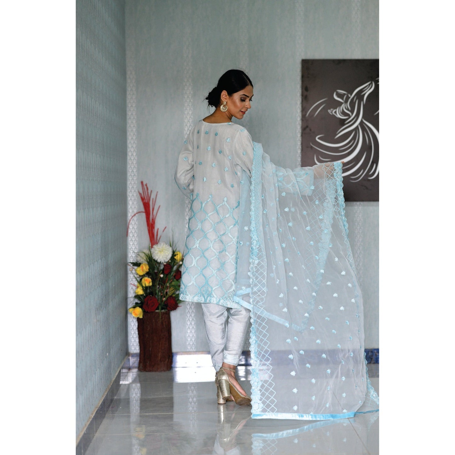 3 Piece Blue Suit Organza-Hand Embroidered