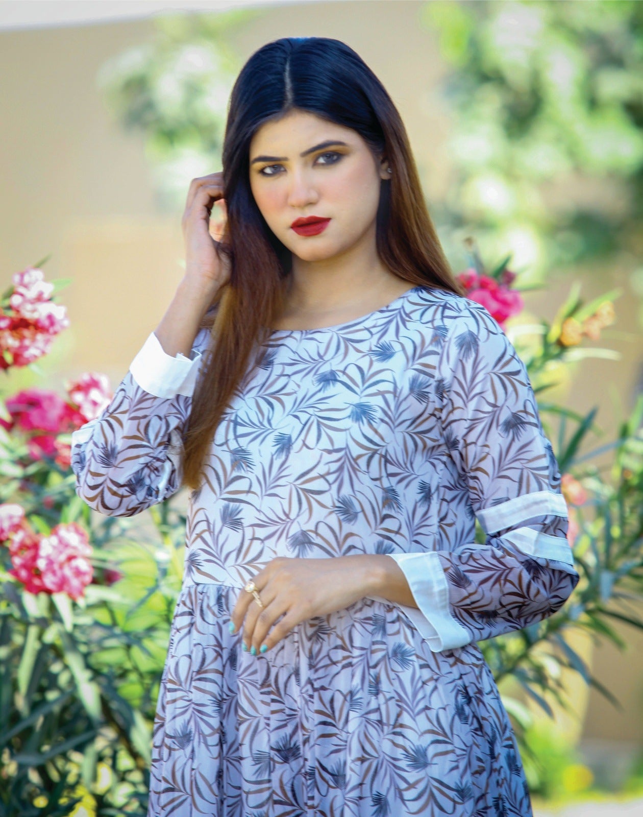 Chiffon White Printed Long Flair.