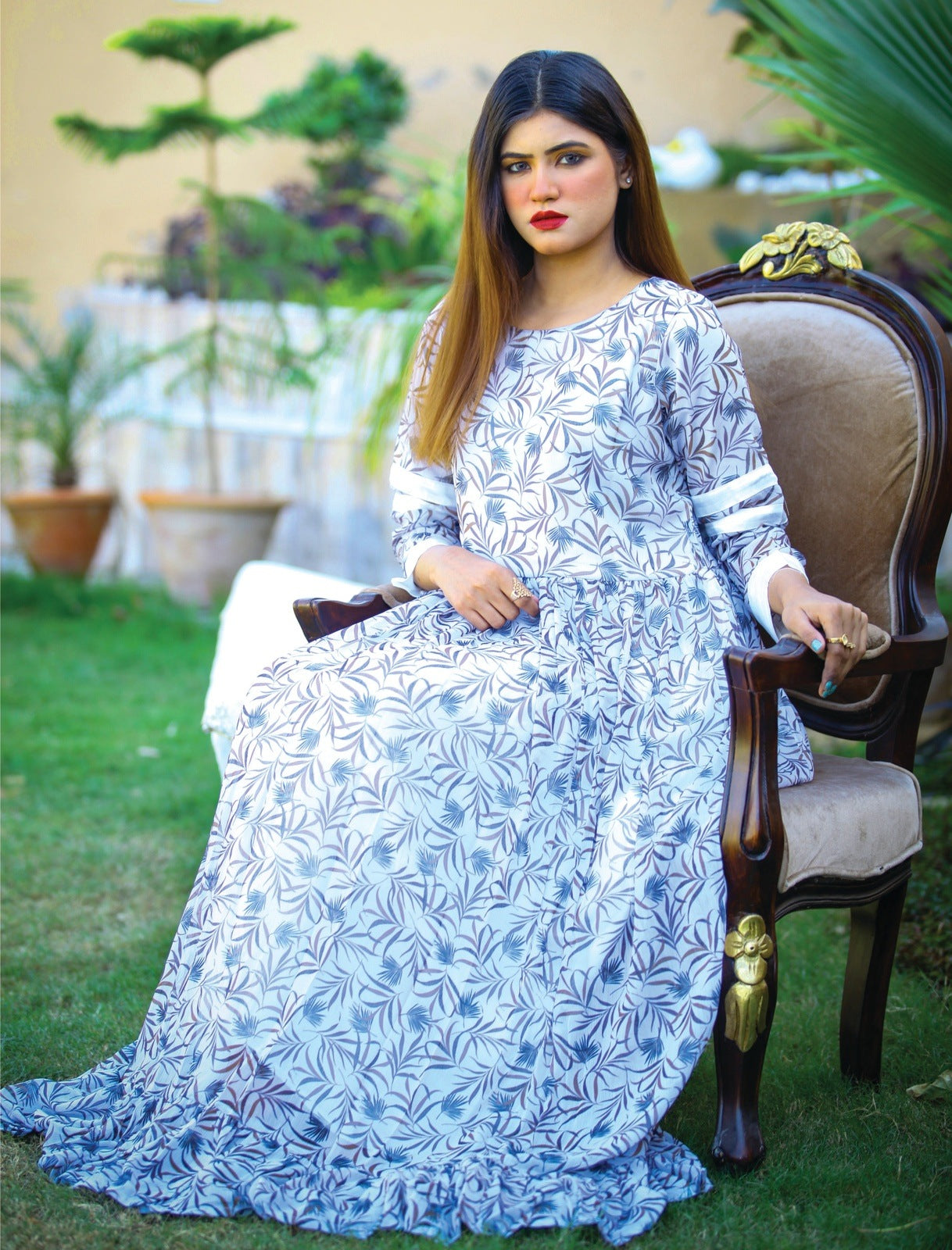 Chiffon White Printed Long Flair.
