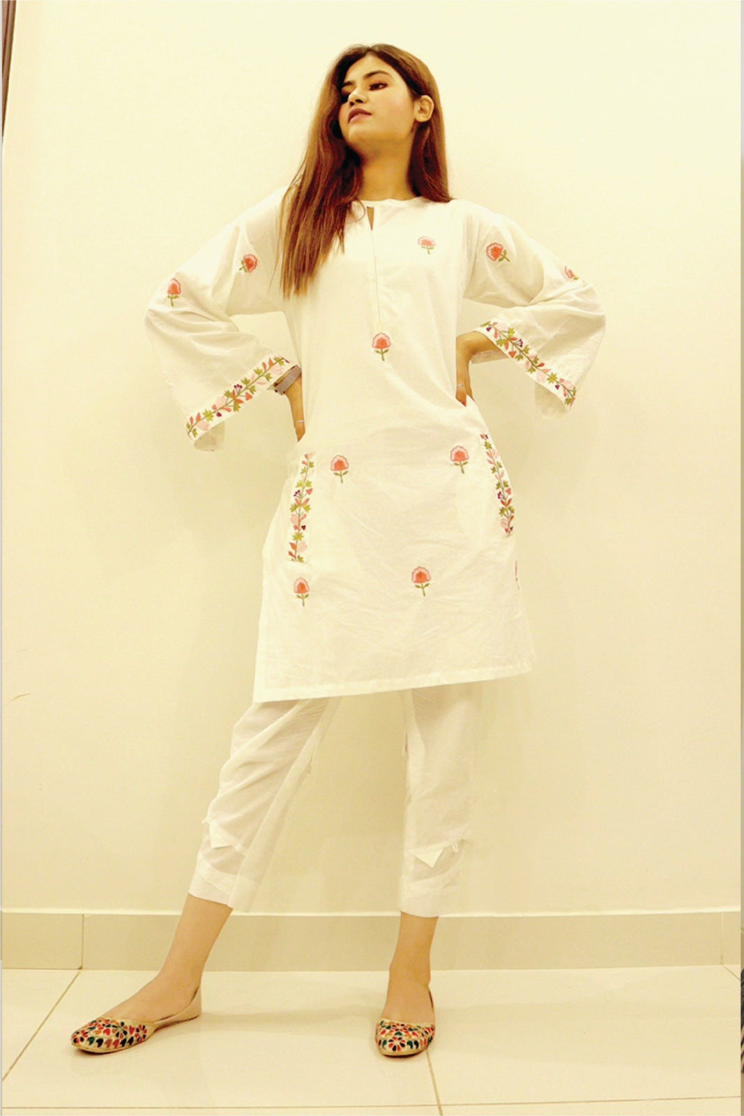 White Dyed Embroidered-Cotton Kurta