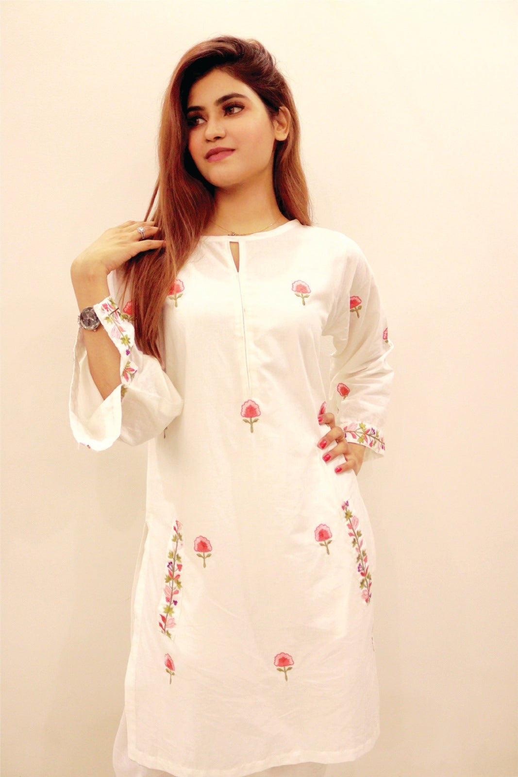White Dyed Embroidered-Cotton Kurta