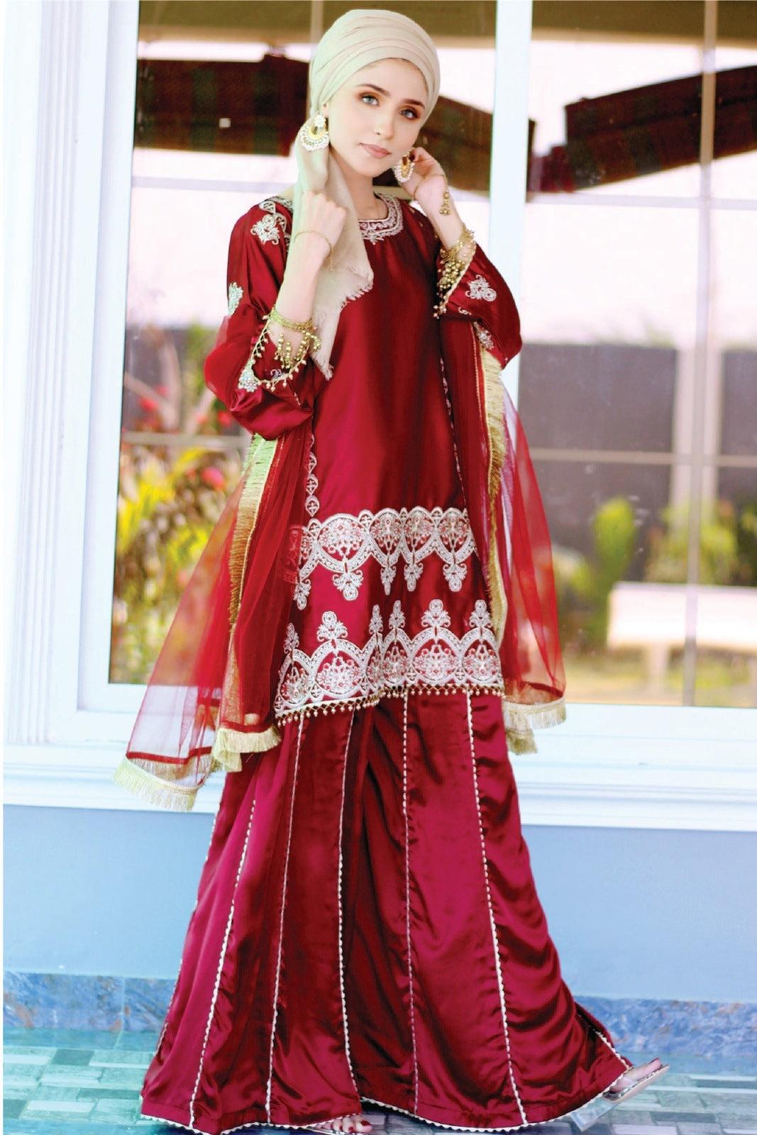 3 Piece Mahroon Embroidered Shamoze Silk With Dhaka Pajama