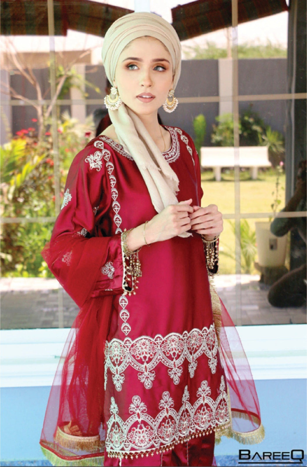 3 Piece Mahroon Embroidered Shamoze Silk With Dhaka Pajama