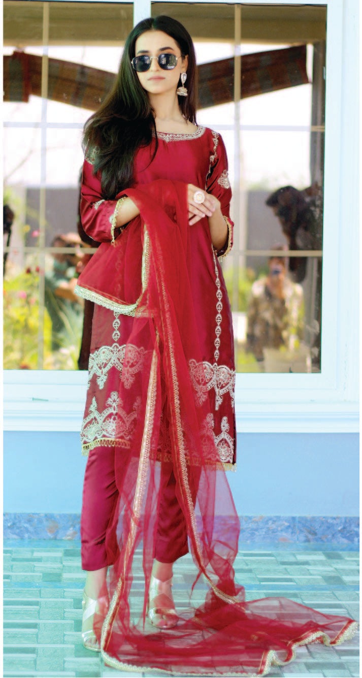 Embroidered Maroon Shamoze-Silk 3-PCS