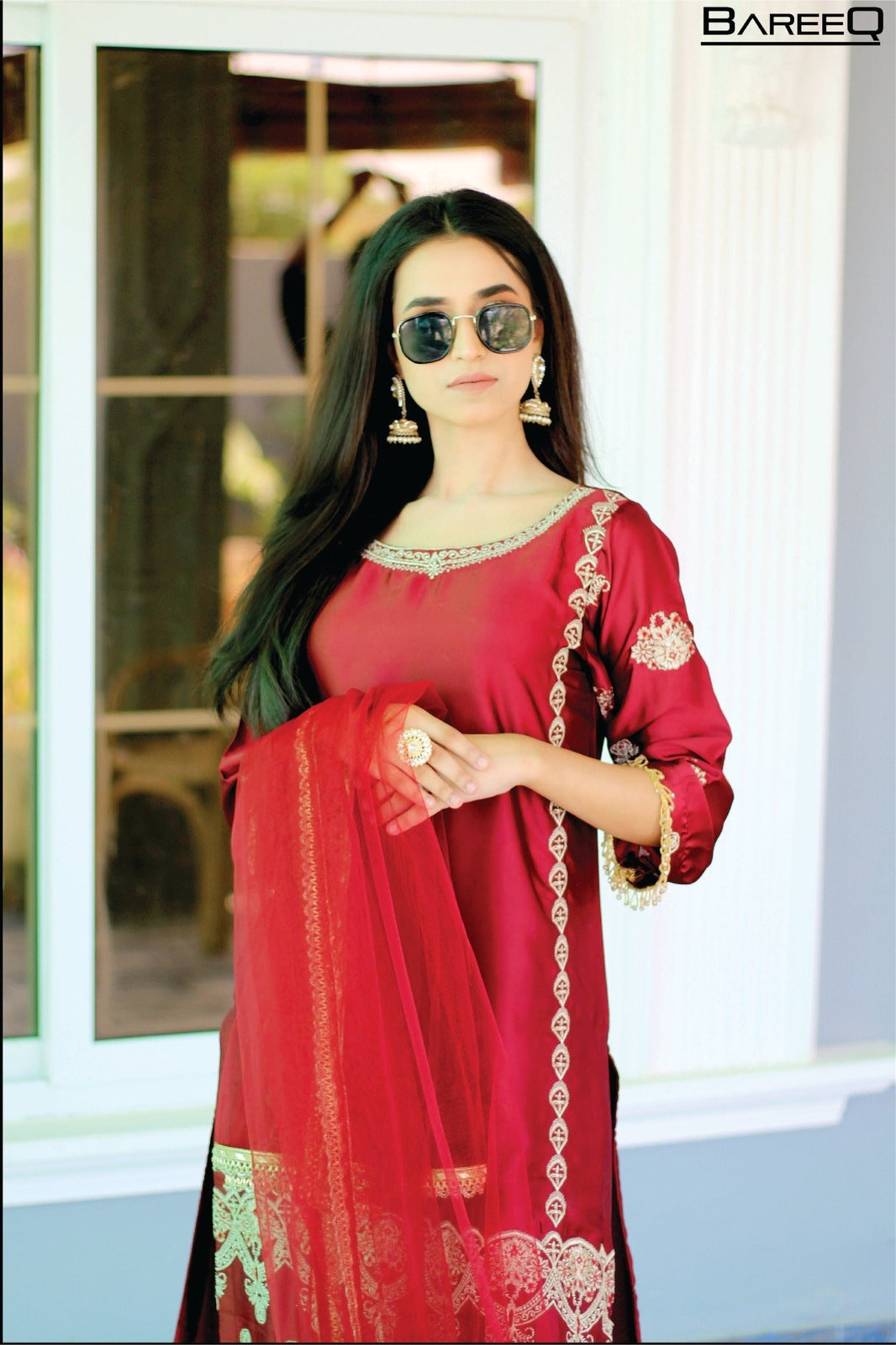 Embroidered Maroon Shamoze-Silk 3-PCS