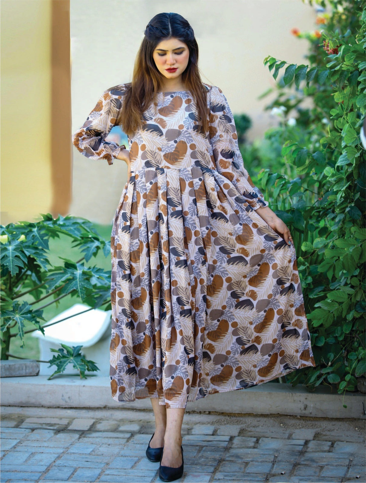 Goldish-Brown Printed Long Flair