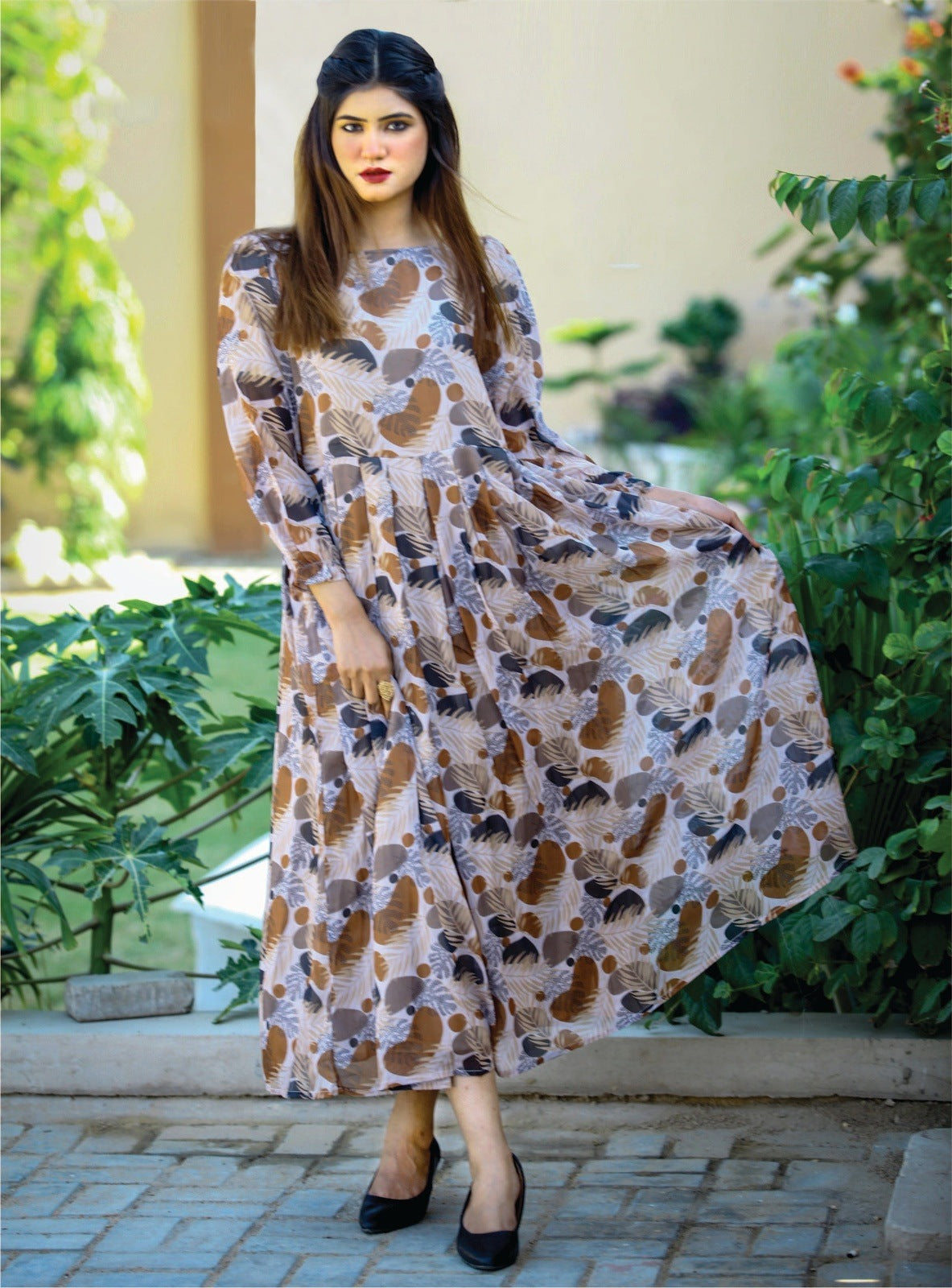 Goldish-Brown Printed Long Flair