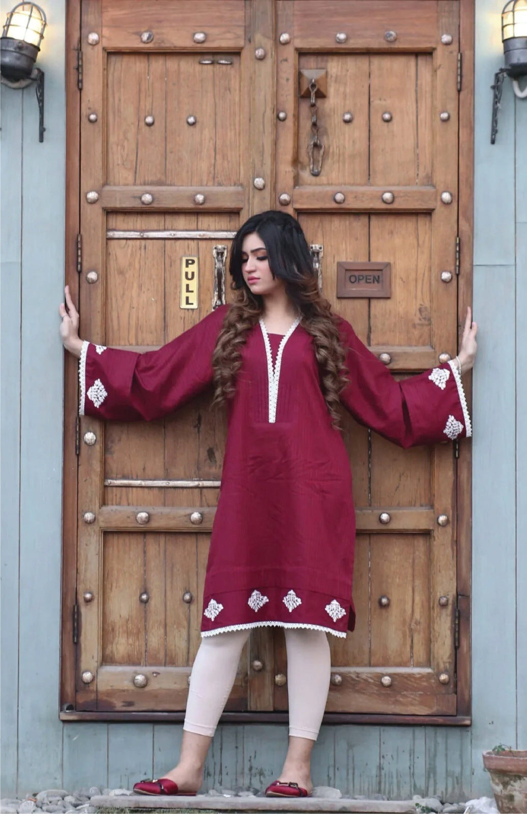 Maroon Embroidered Cotton Kurta