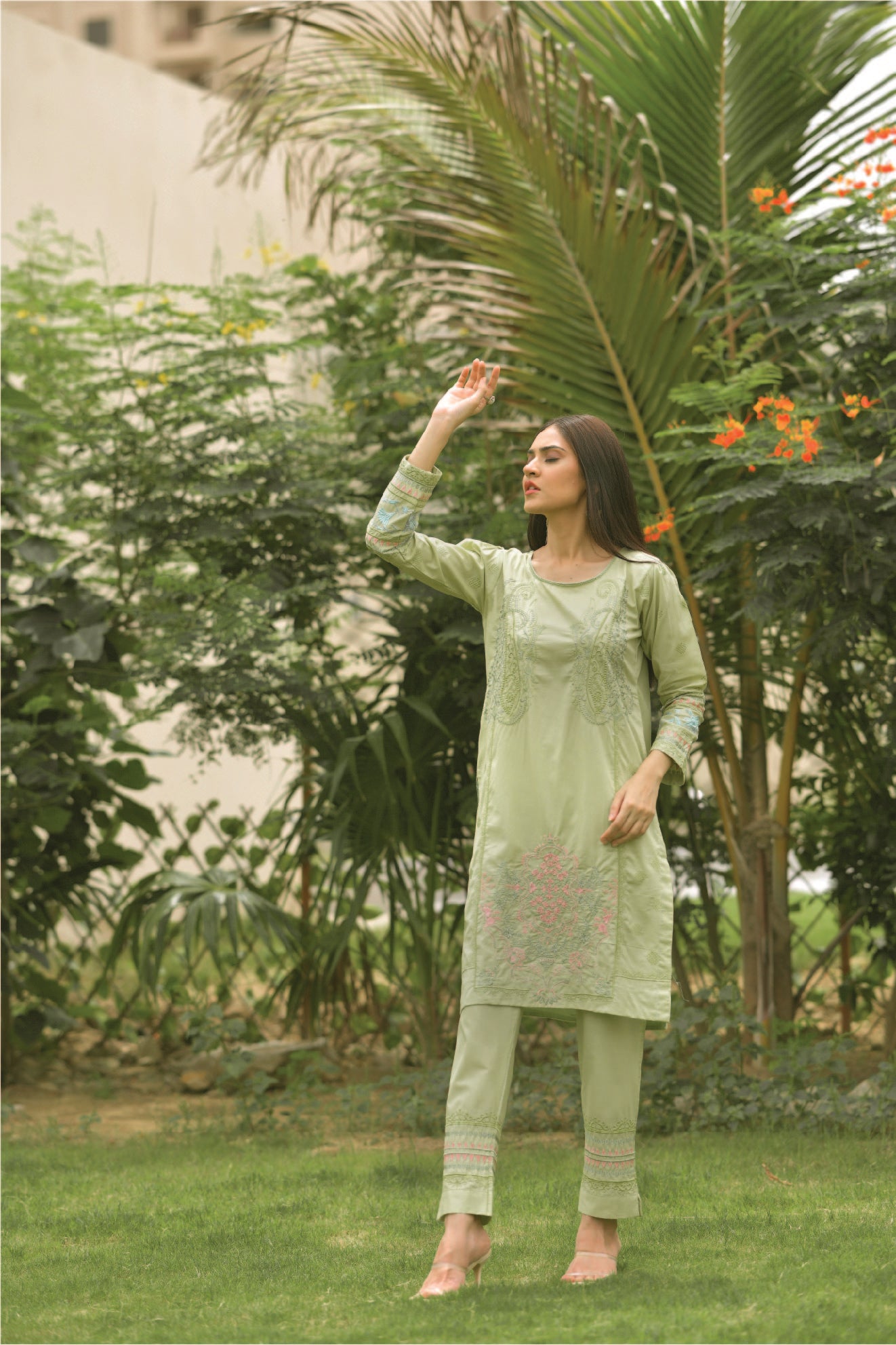 2 Piece Light Green Suit Fully Embroidered