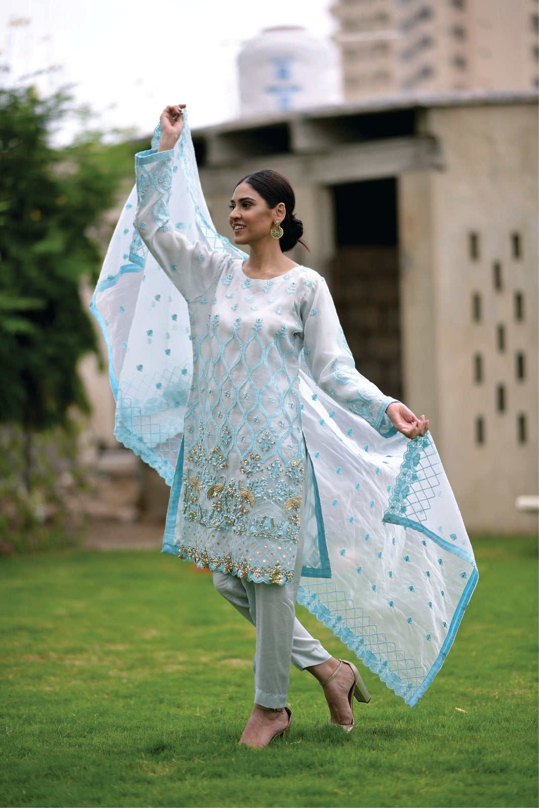3 Piece Blue Suit Organza-Hand Embroidered