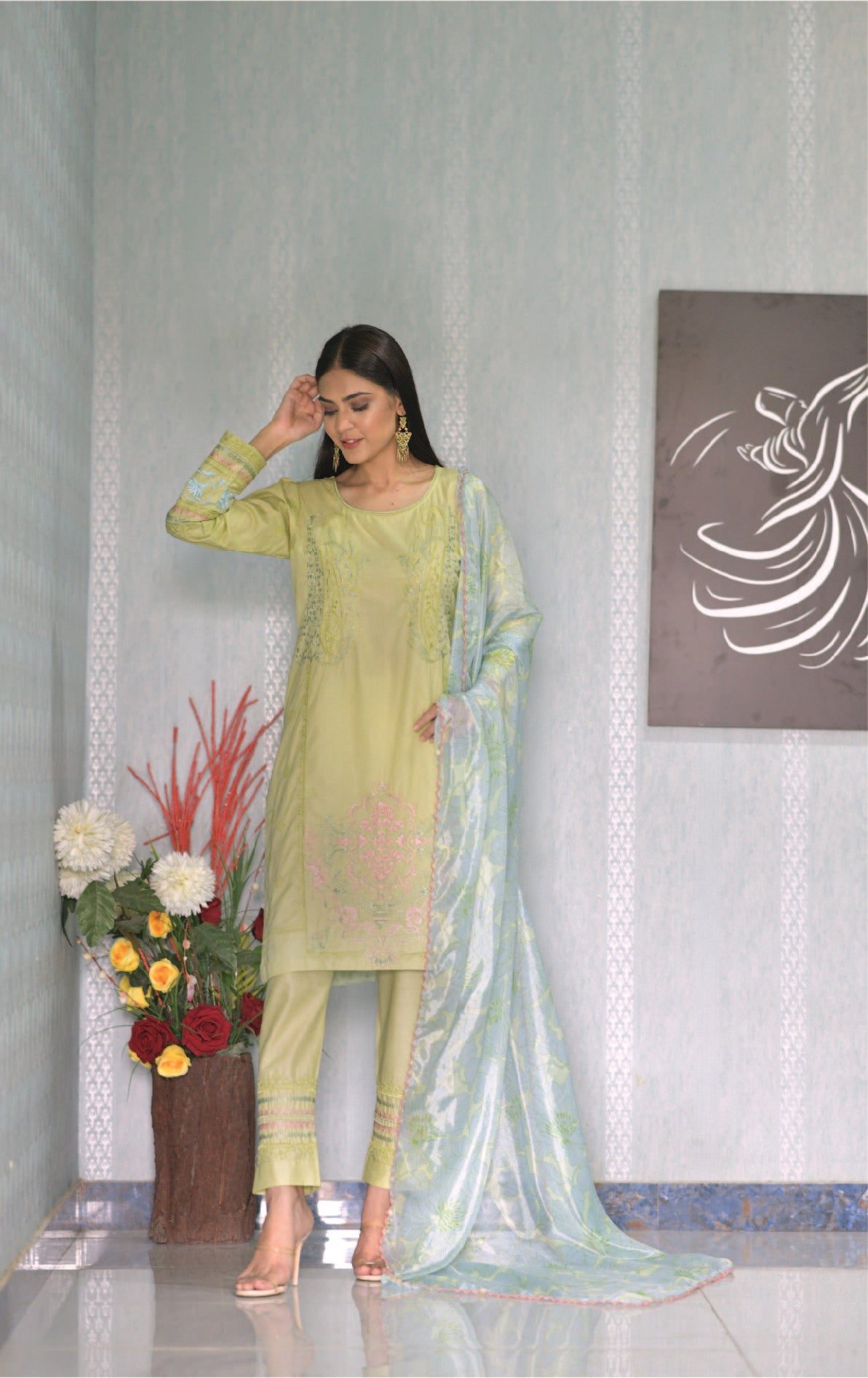 2 Piece Light Green Suit Fully Embroidered