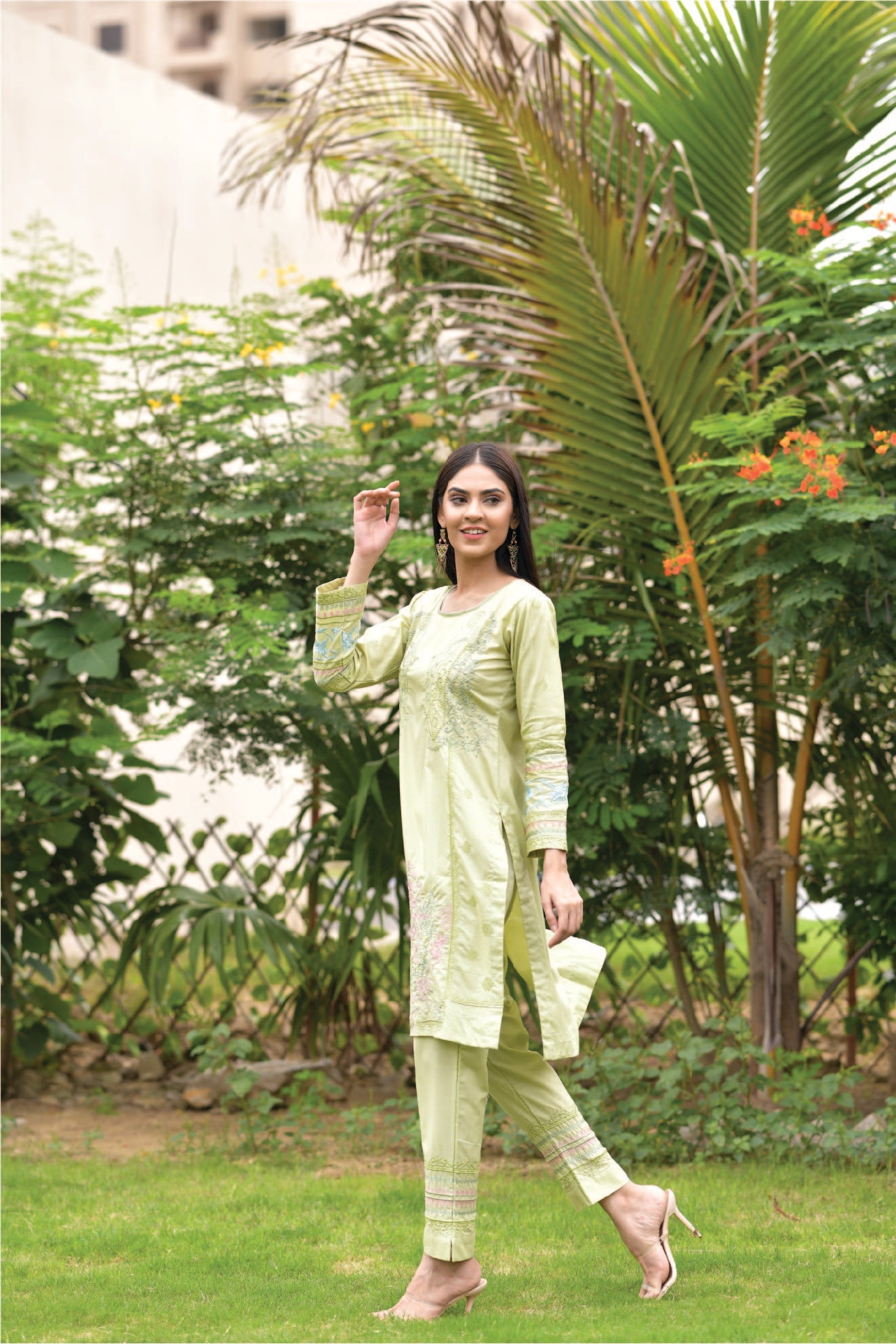 2 Piece Light Green Suit Fully Embroidered
