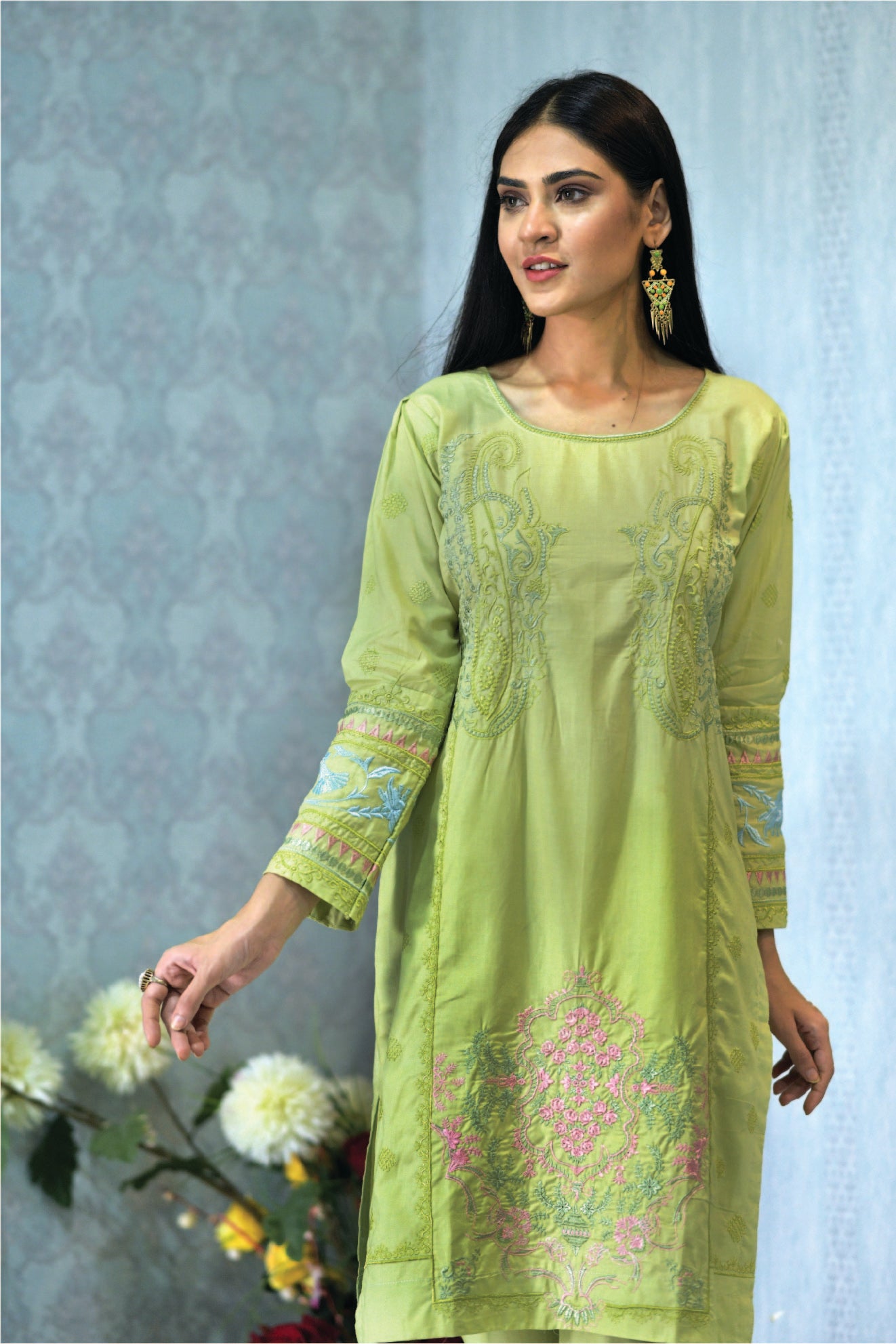 2 Piece Light Green Suit Fully Embroidered