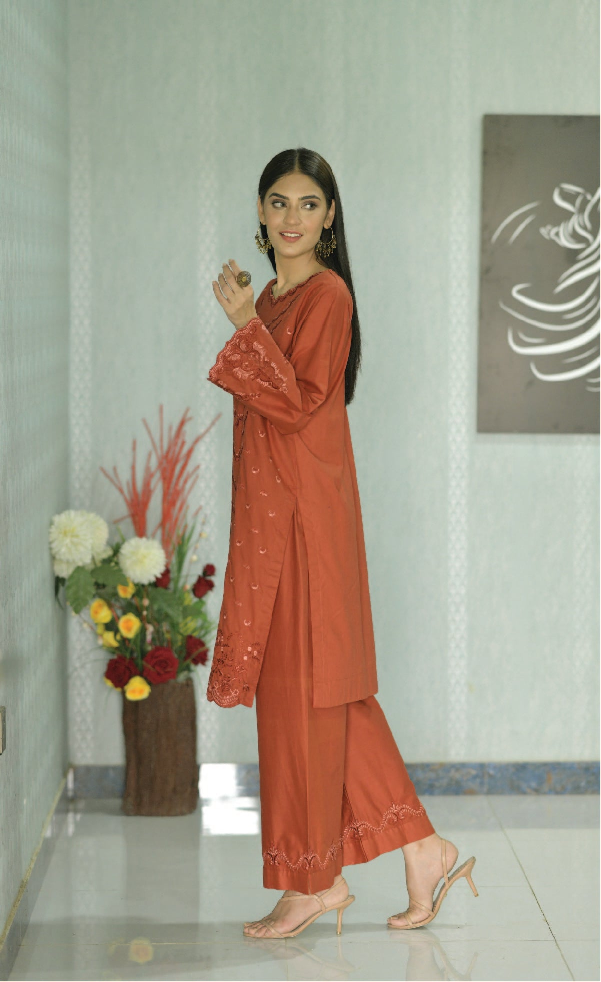 2 Piece Suit Cambric Lawn Rust Embroidered