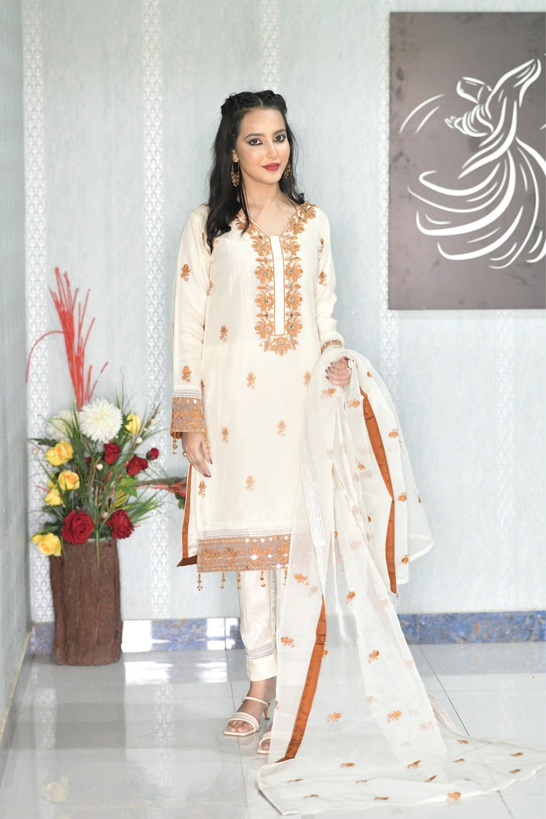 3 Piece Cream Suit Organza-Embroidered