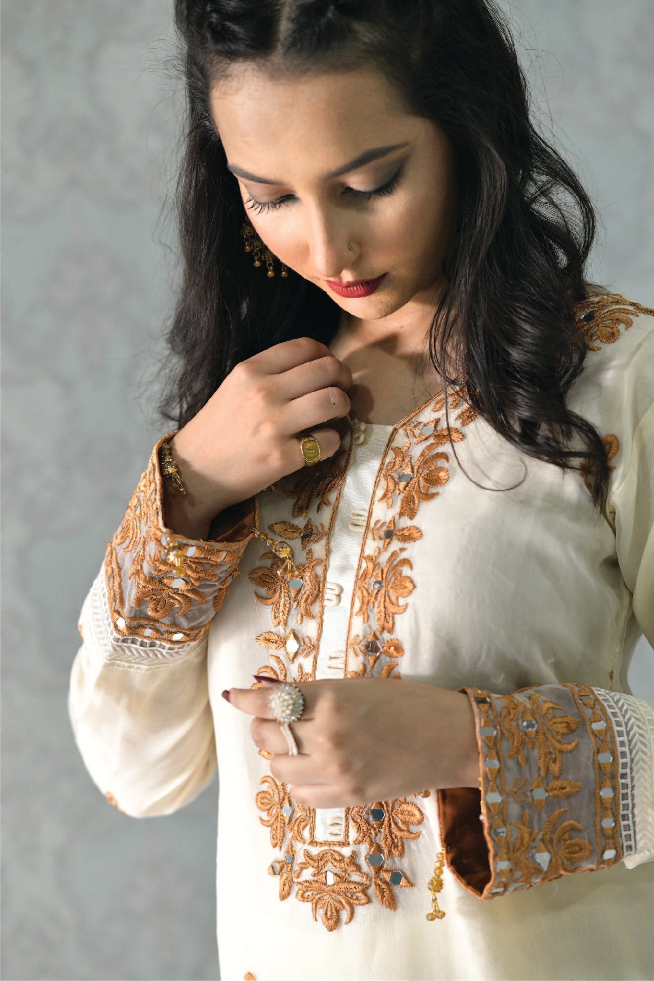 3 Piece Cream Suit Organza-Embroidered