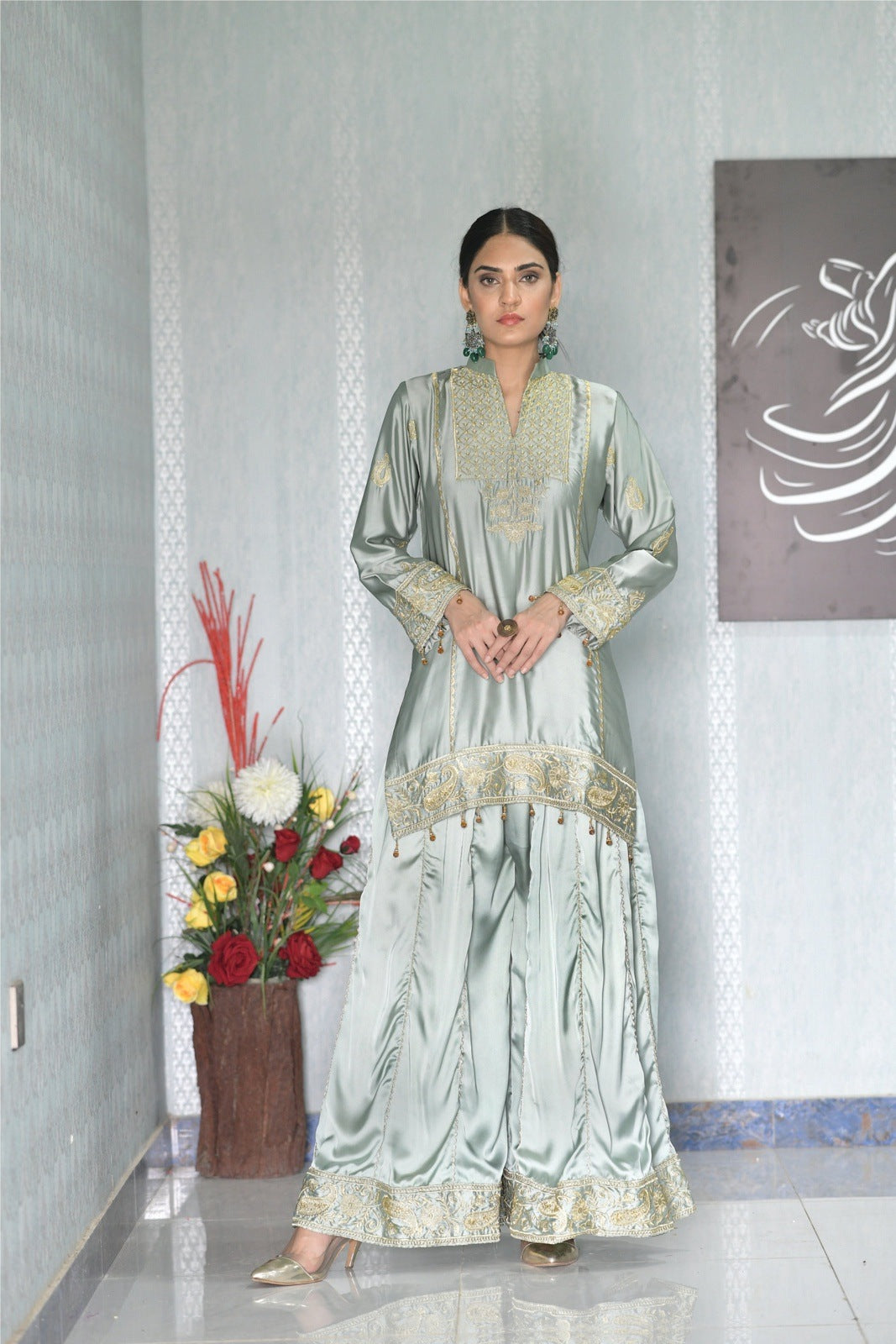 Mint-Green Shirt with Dhaka Pajama -2PCS