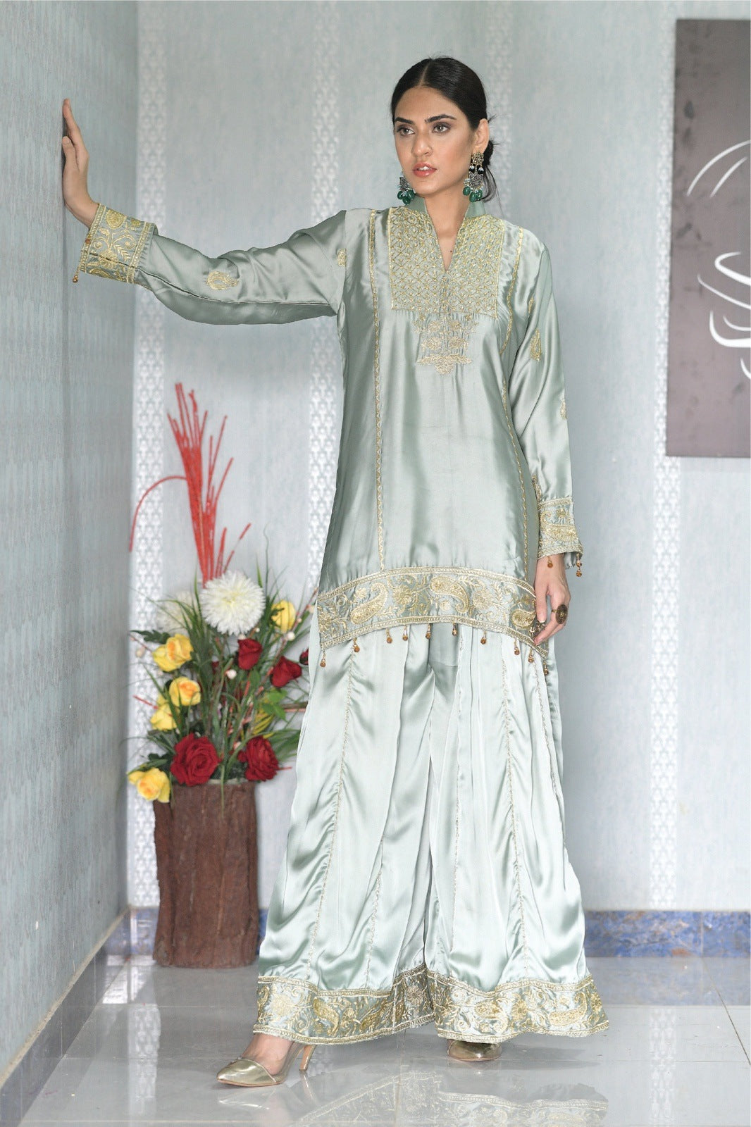 Mint-Green Shirt with Dhaka Pajama -2PCS