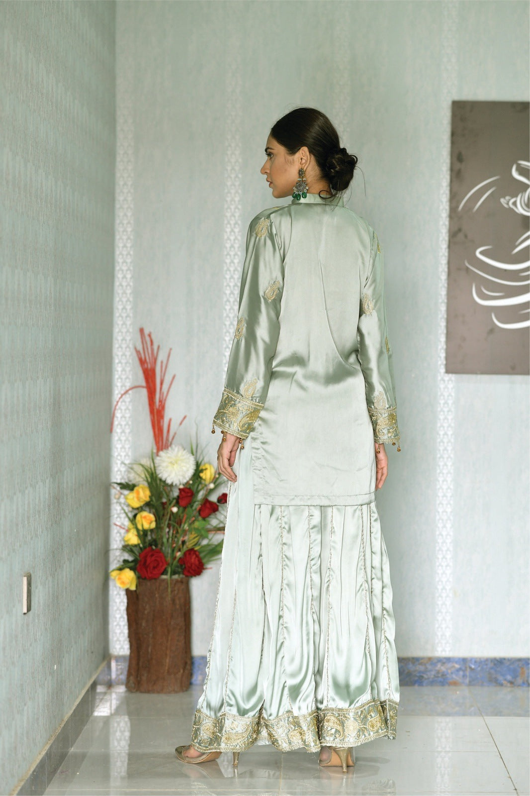 Mint-Green Shirt with Dhaka Pajama -2PCS