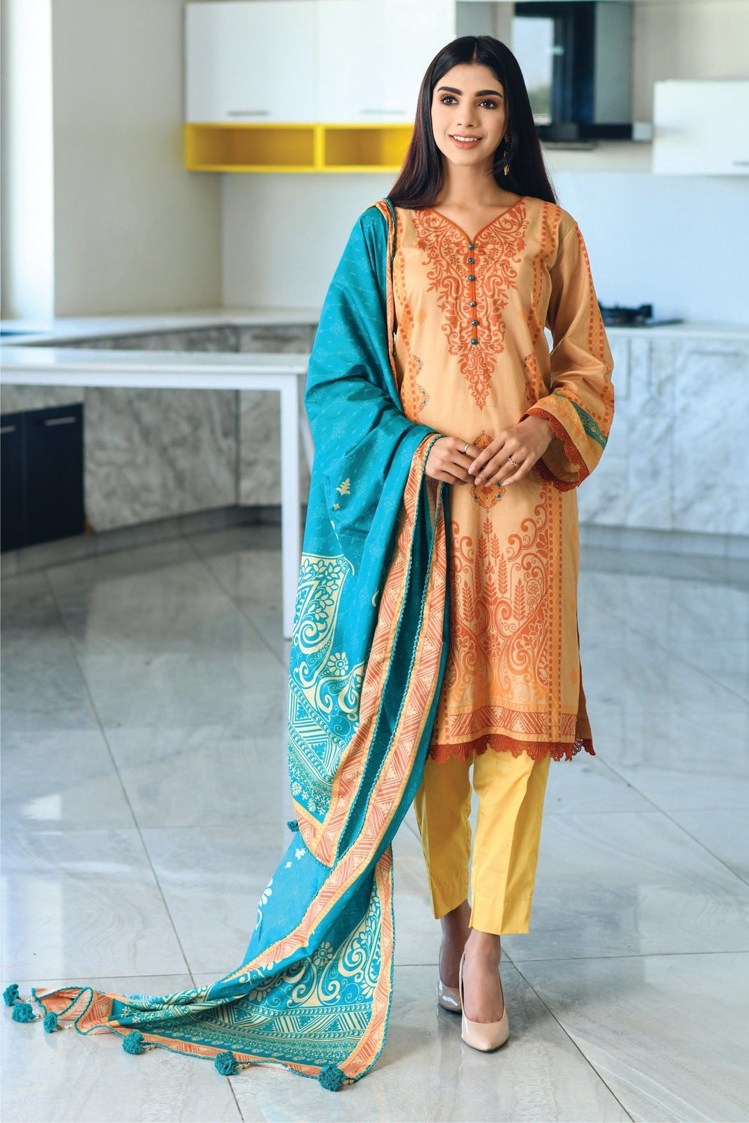 Orange Peach Printed Lawn – 3 PCS