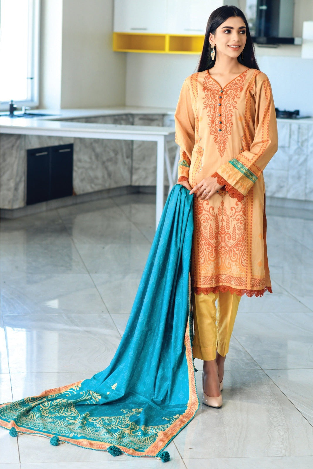 Orange Peach Printed Lawn – 3 PCS