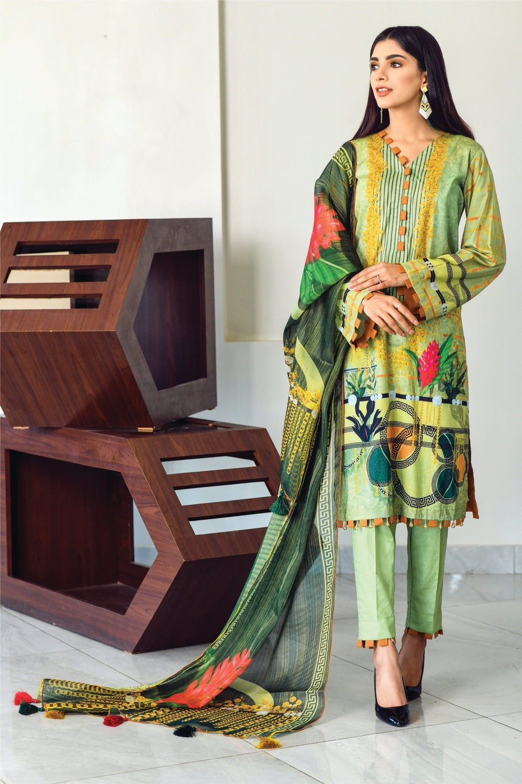 Light Green Printed Lawn with Masoori Dupatta -3 PCS