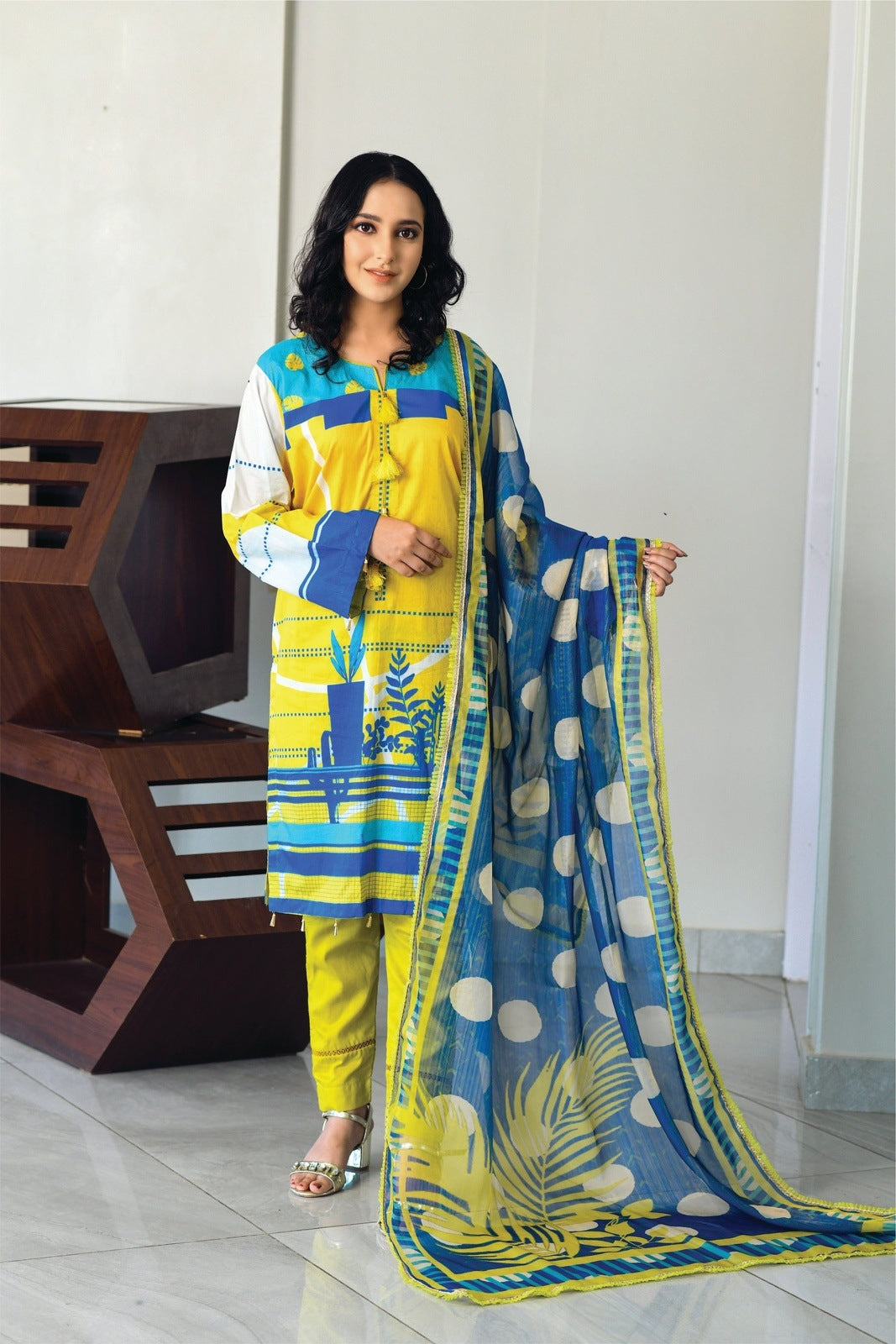Yellow & Blue Printed Shirt with Masoori Dupatta – 2 PCS