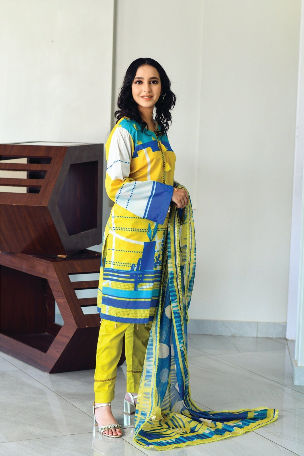 Yellow & Blue Printed Shirt with Masoori Dupatta – 2 PCS