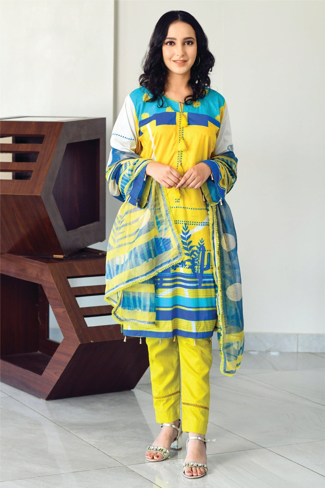 Yellow & Blue Printed Shirt with Masoori Dupatta – 2 PCS