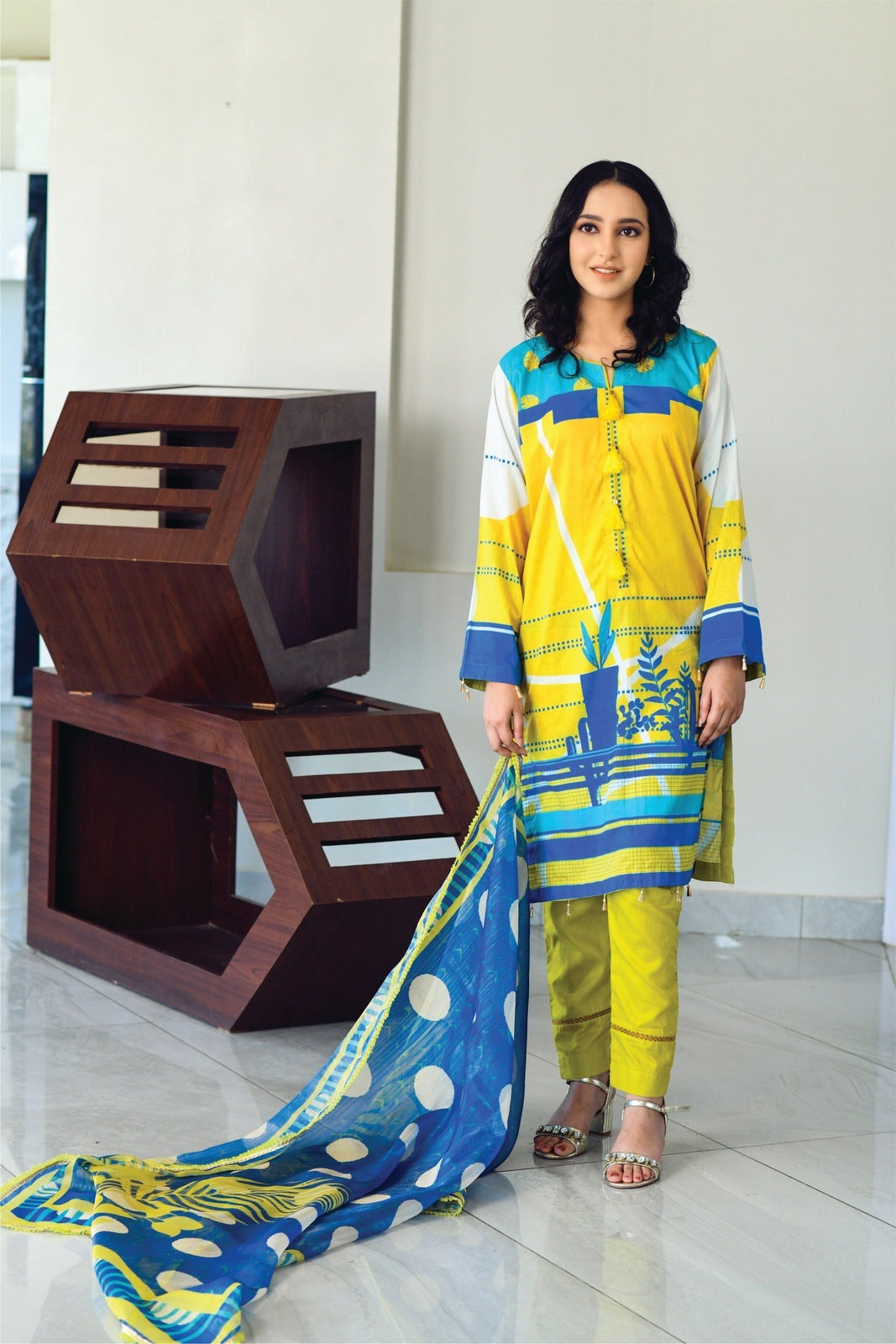 Yellow & Blue Printed Shirt with Masoori Dupatta – 2 PCS