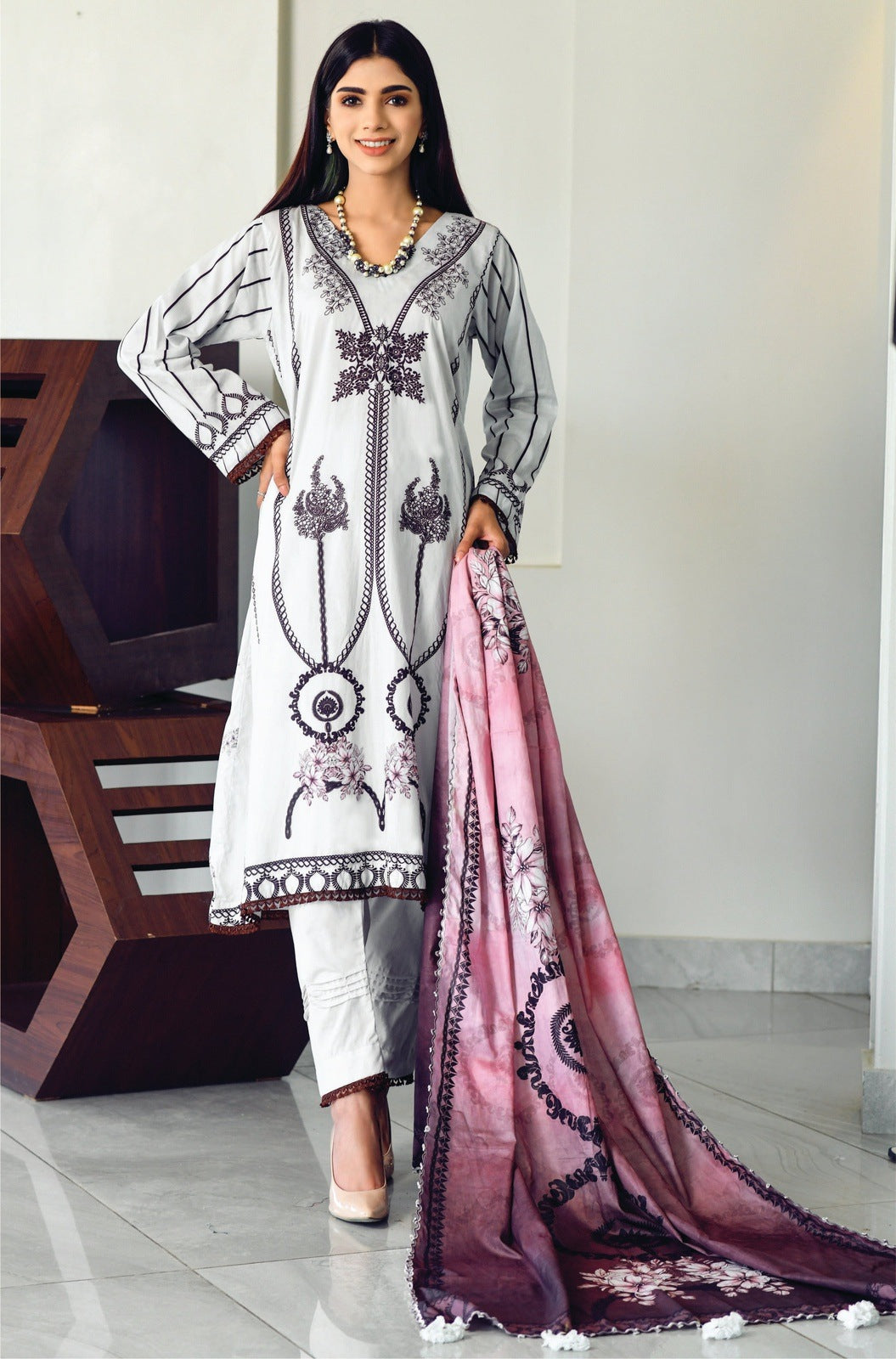 White Printed Lawn -3 PCS