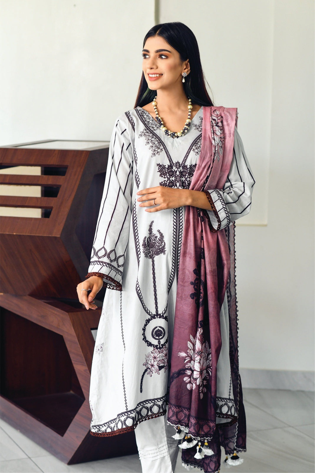 White Printed Lawn -3 PCS