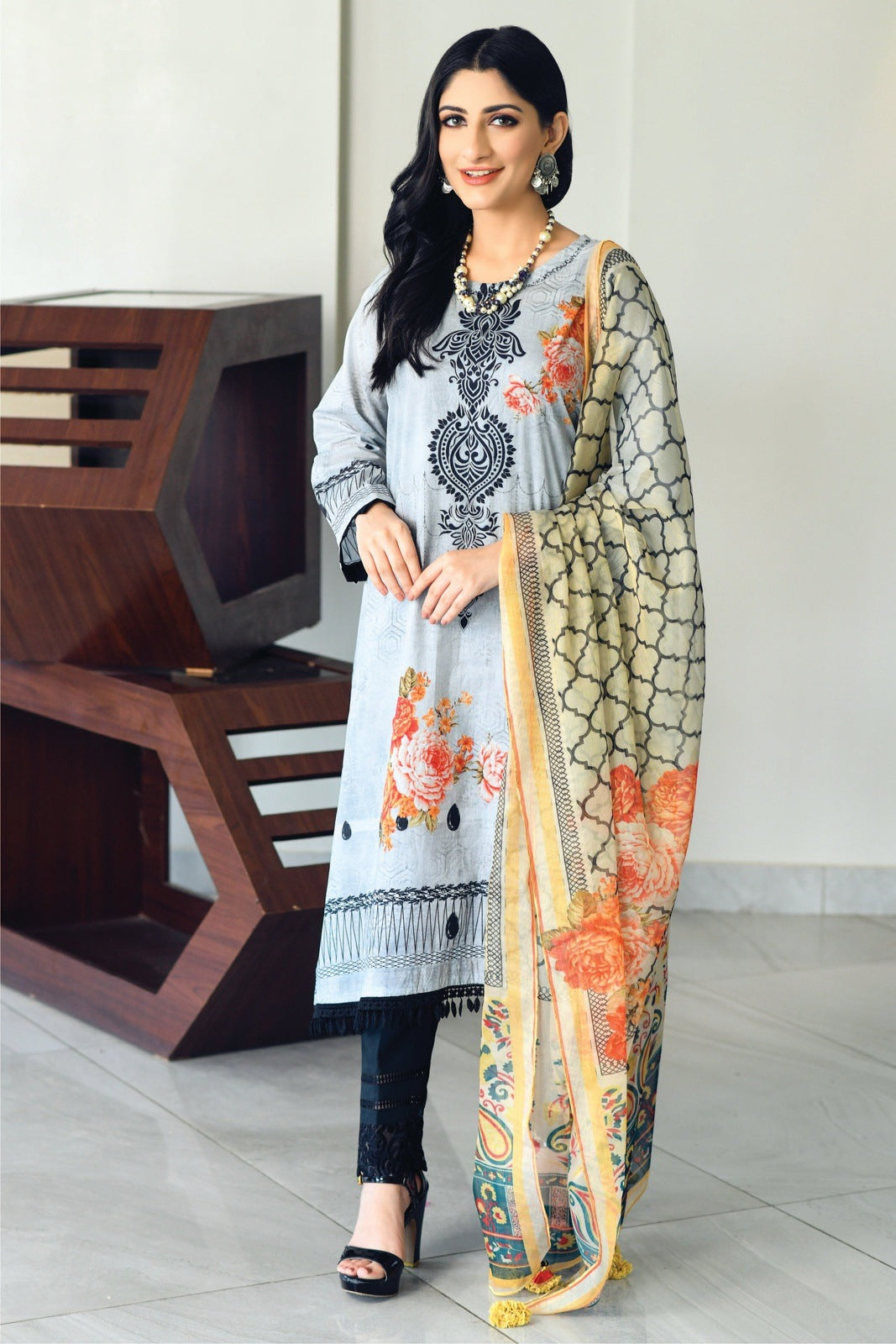 Grey-Black Printed Shirt with Masoori Dupatta – 2 PCS