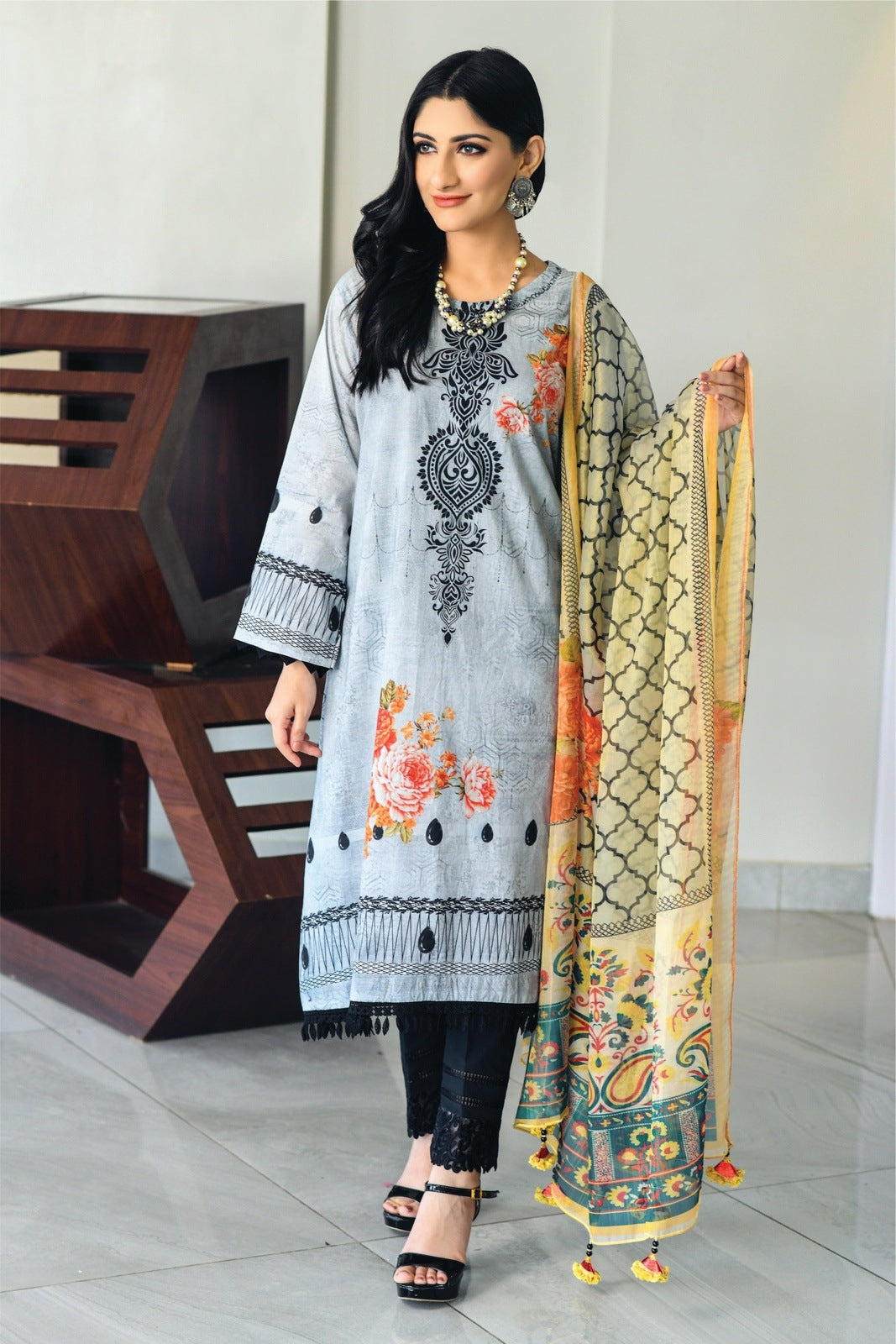 Grey-Black Printed Shirt with Masoori Dupatta – 2 PCS