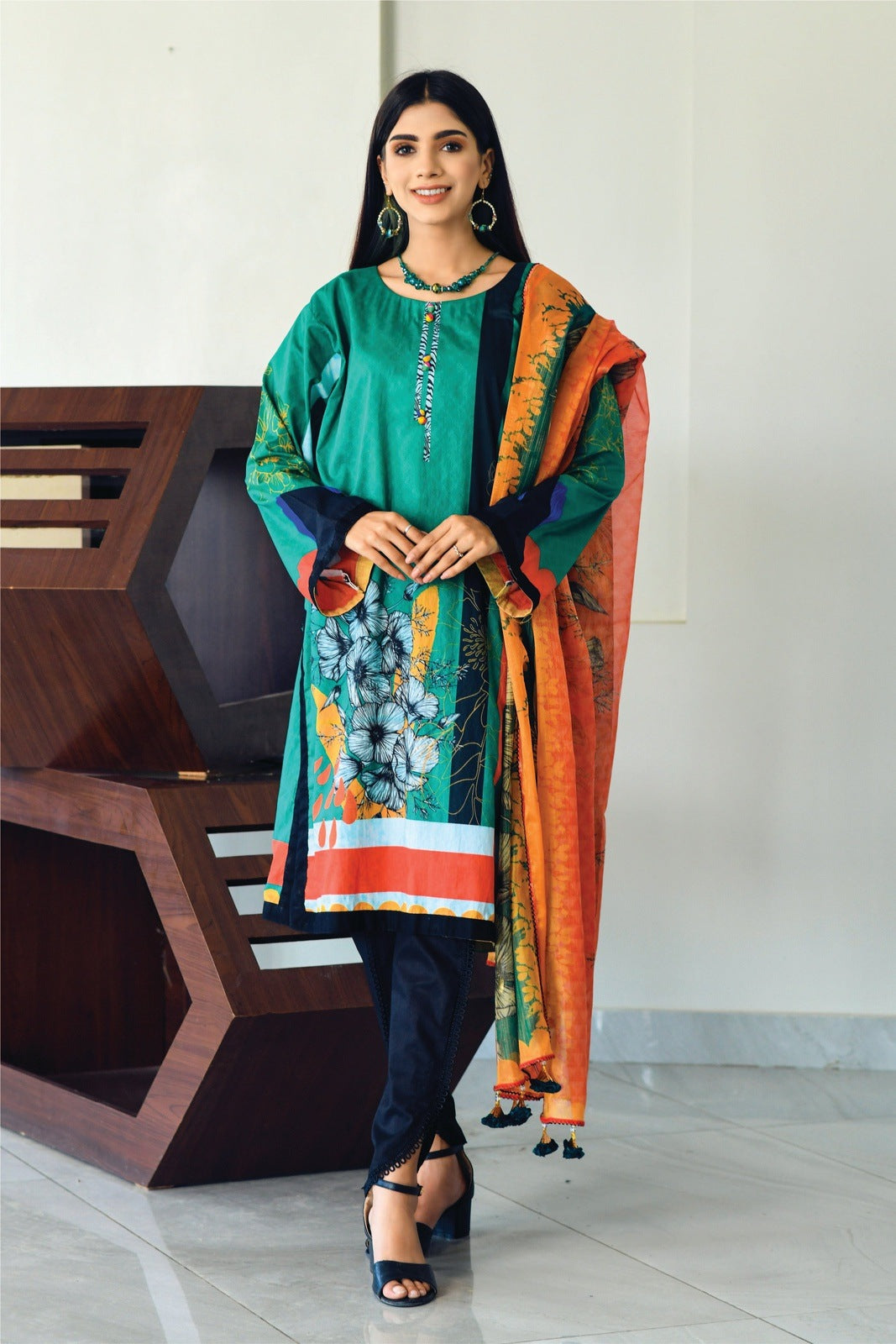 Dark-Green Printed with Masoori Dupatta – 2 PCS
