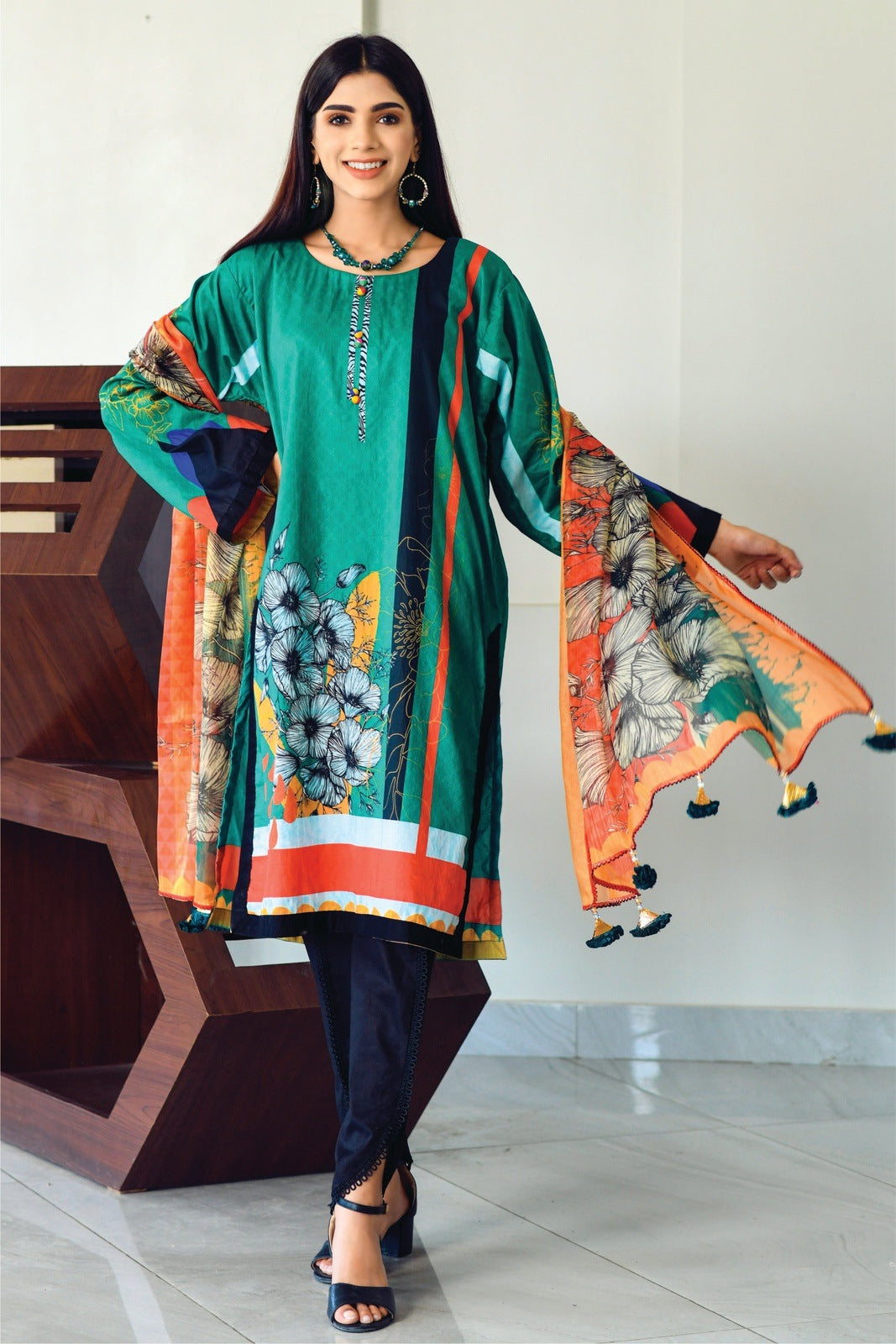 Dark-Green Printed with Masoori Dupatta – 2 PCS