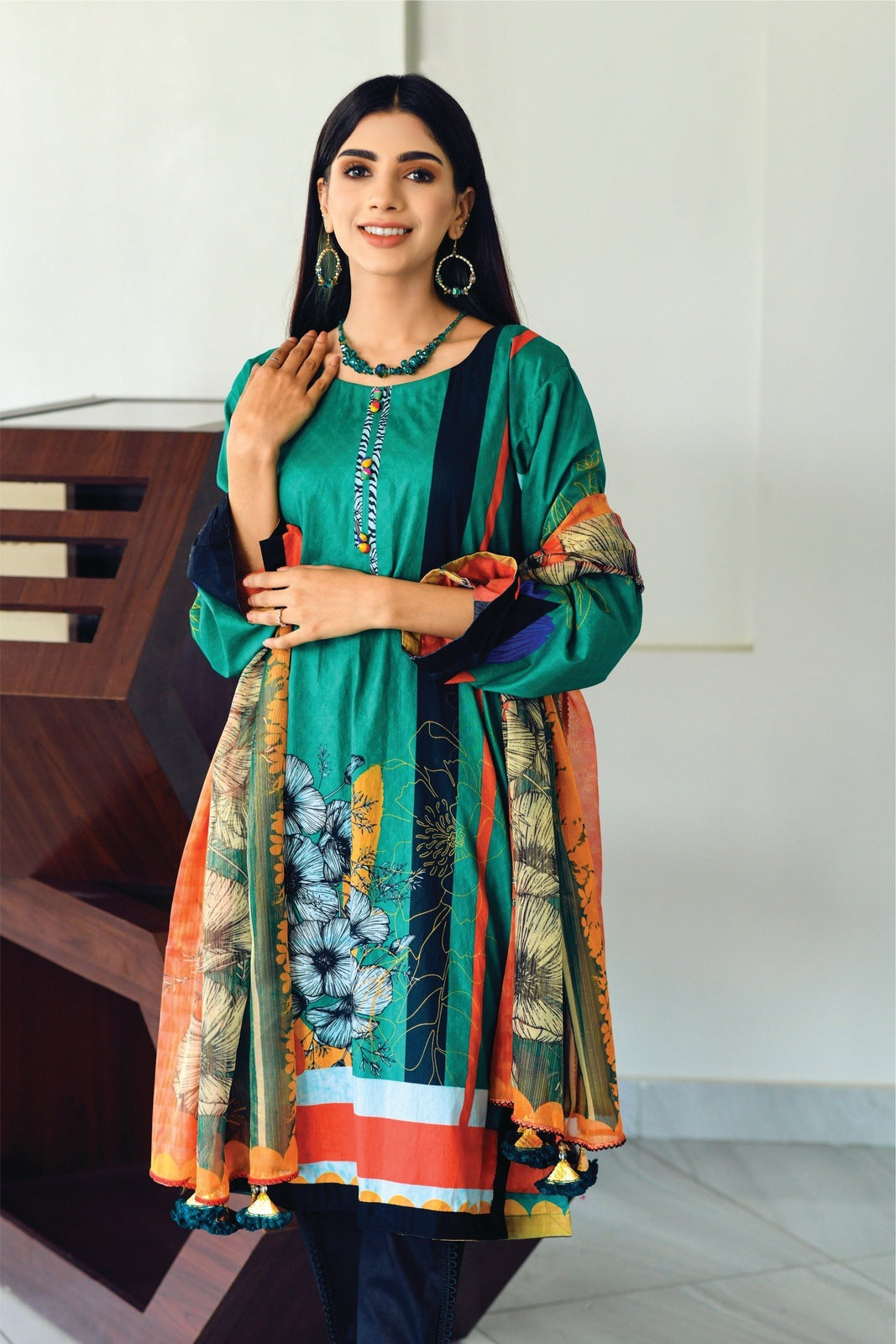 Dark-Green Printed with Masoori Dupatta – 2 PCS