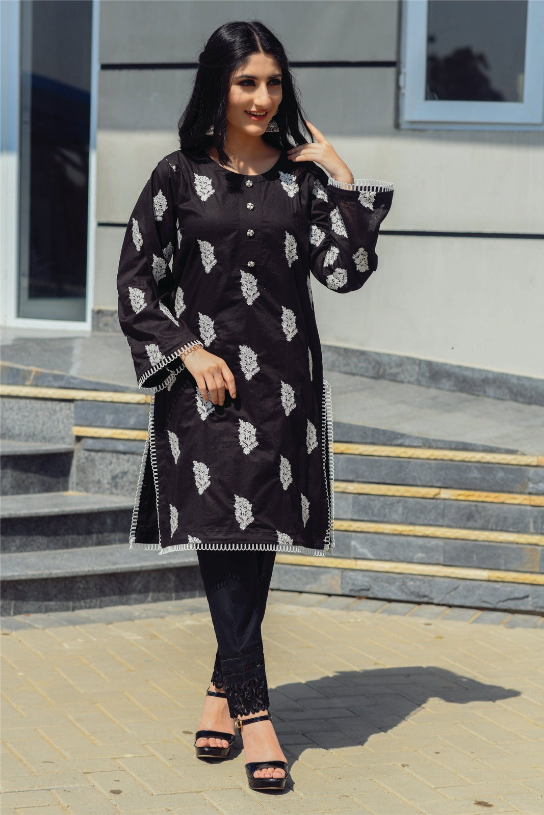 Black Lace Detailing Embroidered Shirt.