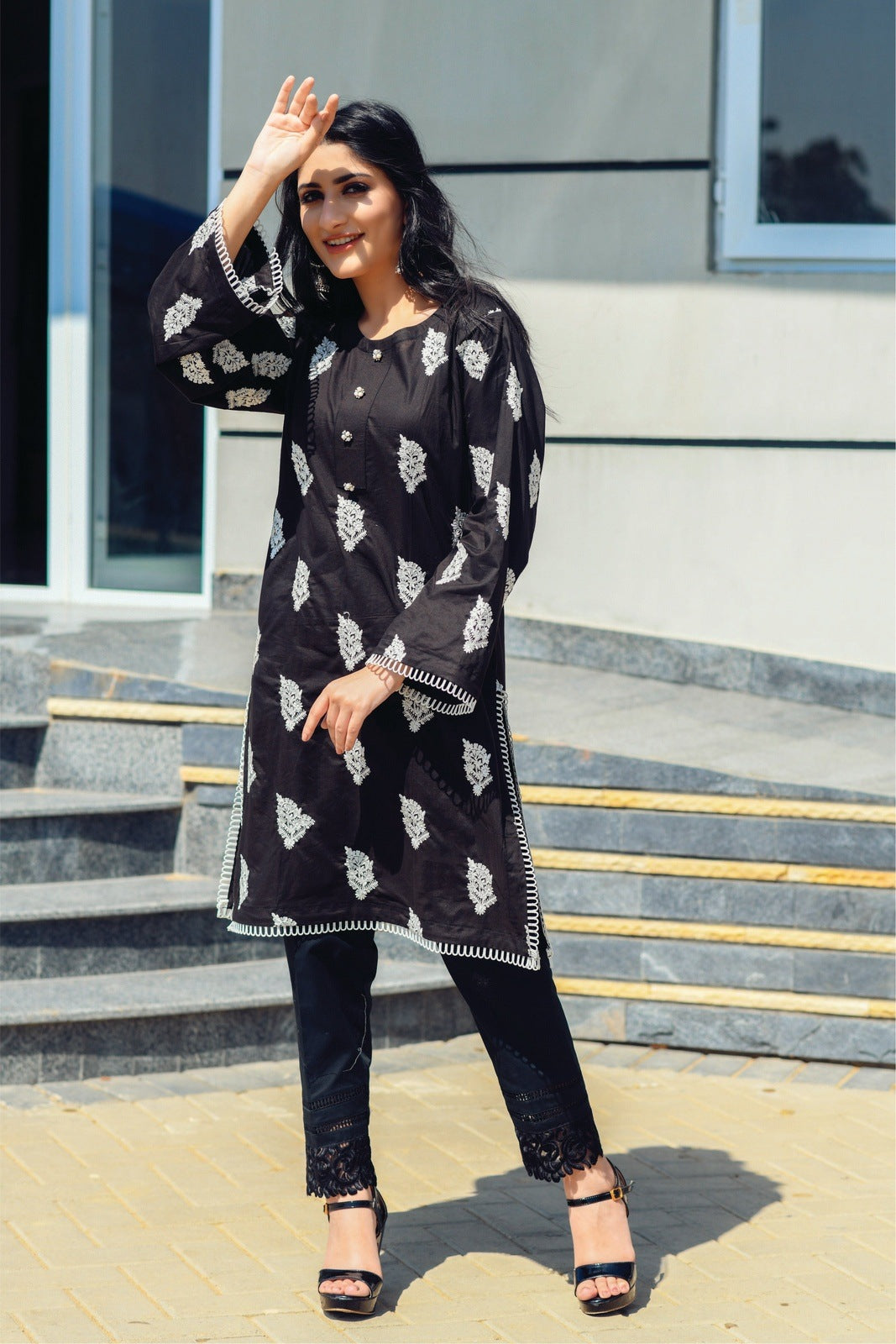 Black Lace Detailing Embroidered Shirt.