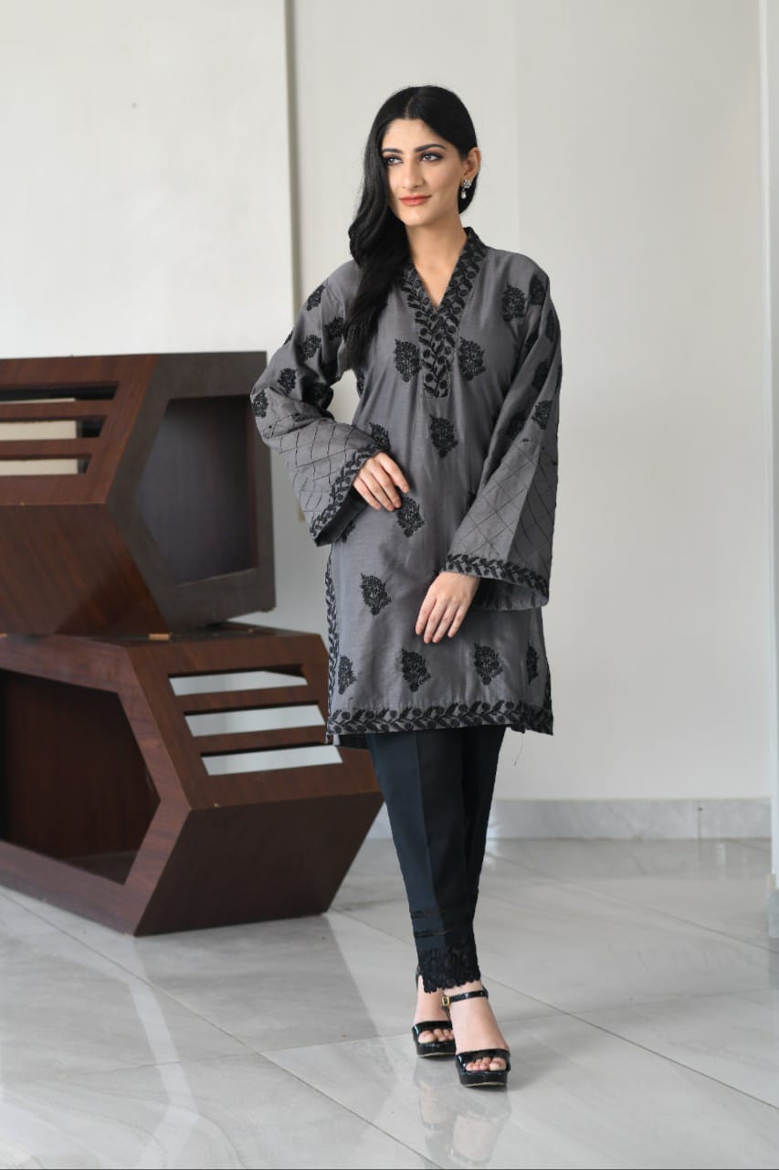Grey Fully Embroidered Shirt.
