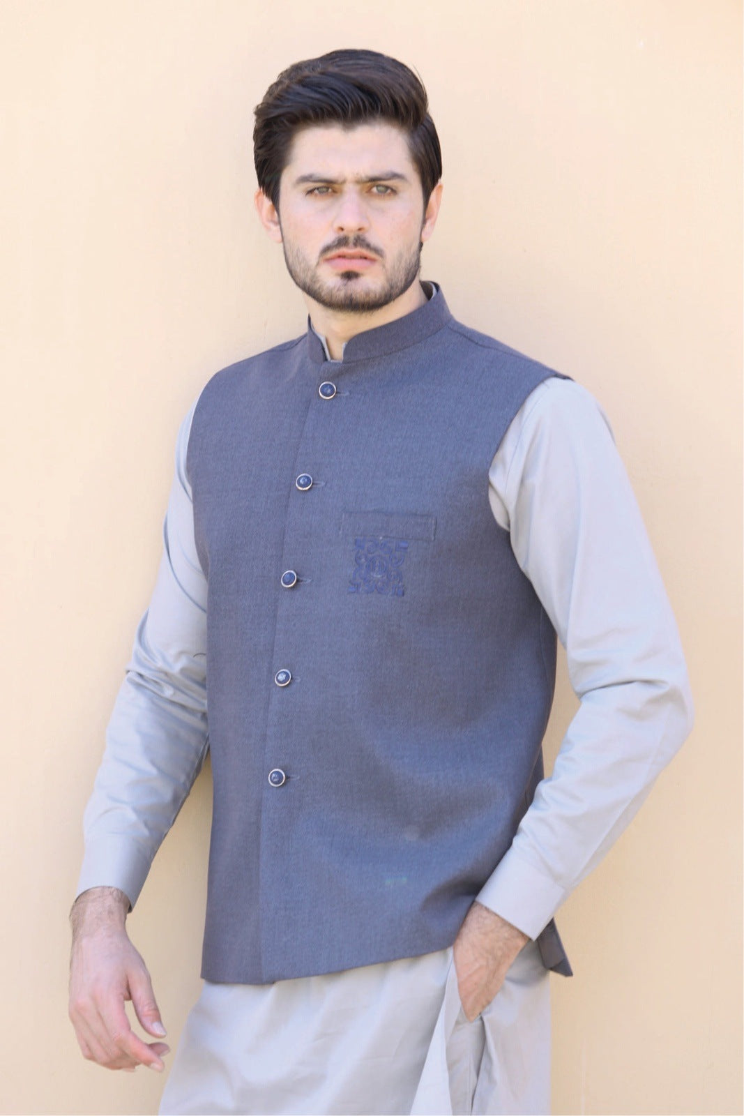 Embroidered Bluish-Grey Waist Coat