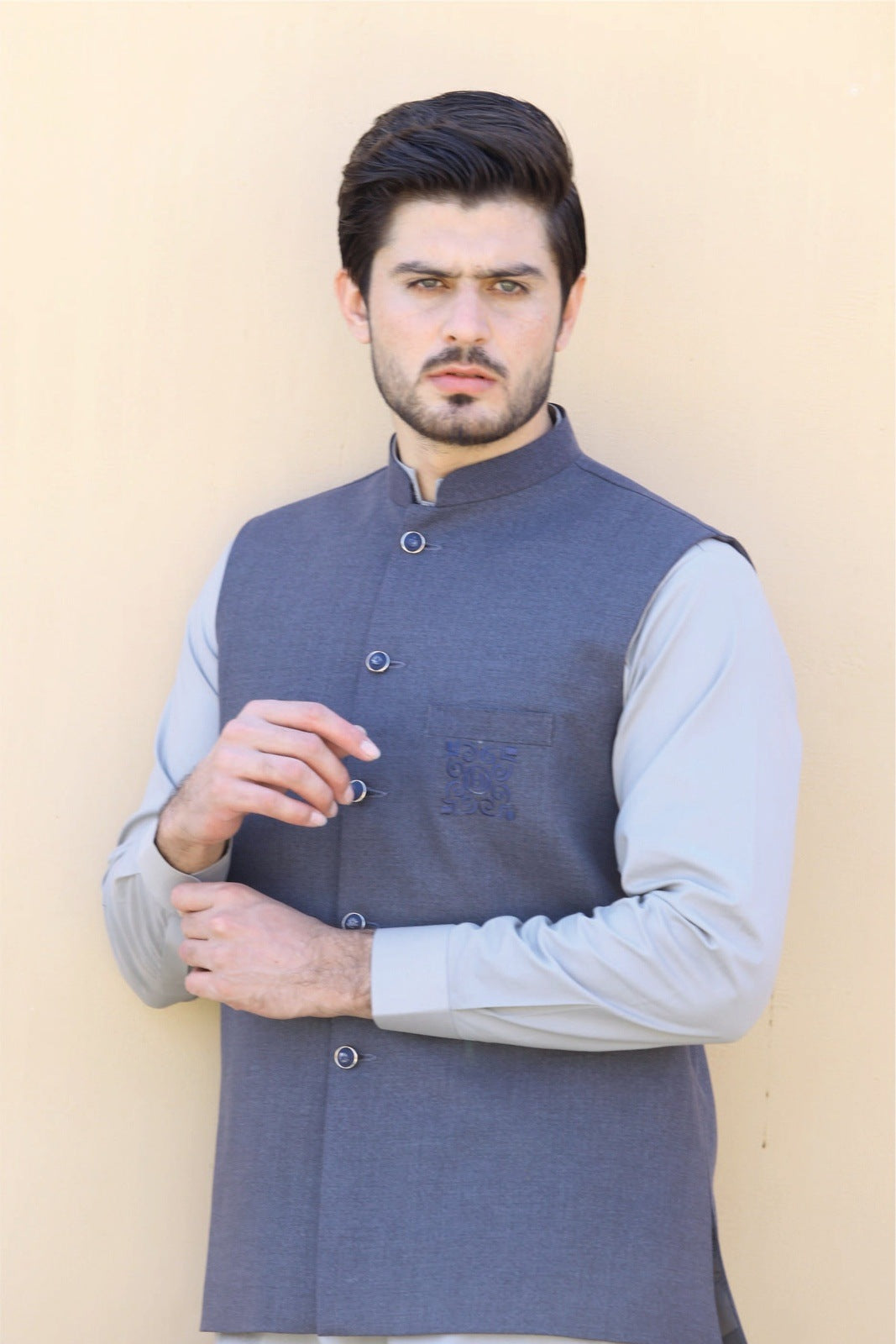 Embroidered Bluish-Grey Waist Coat