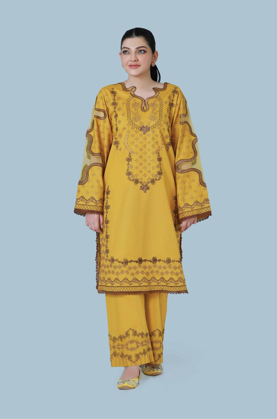 Mustard Muse 3 Piece Embroidered Stitched Suit