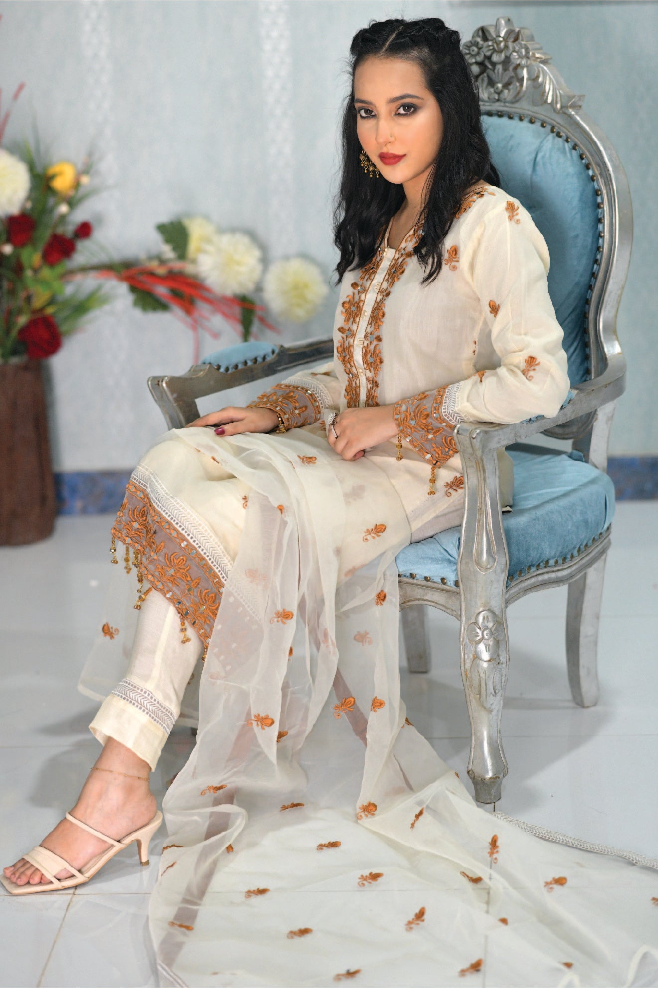 3 Piece Cream Suit Organza-Embroidered