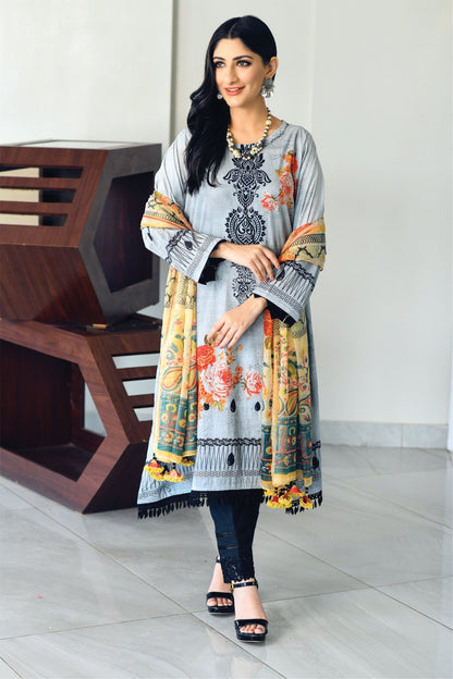 Grey-Black Printed Shirt with Masoori Dupatta – 2 PCS