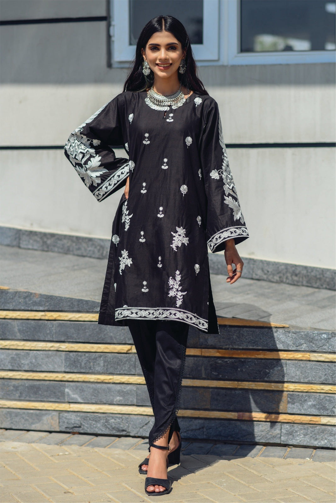 Black Embroidered Cotton Shirt.