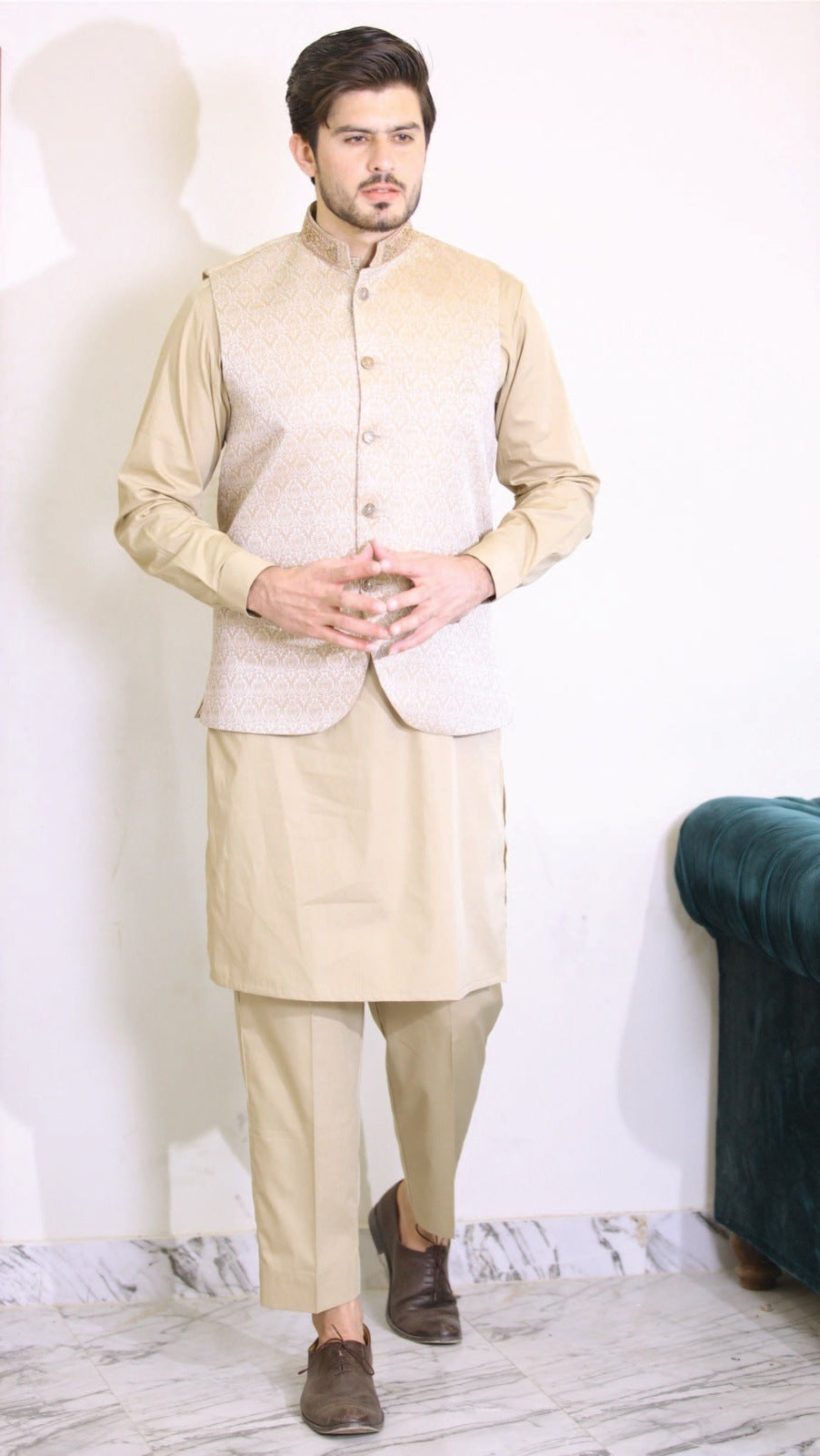 Beige Embroidered Waist Coat